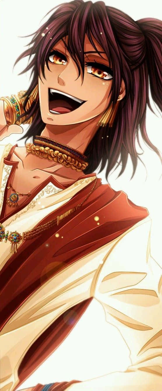 Soma Asman Kadar 桌布 壁紙 — 一個快樂的動漫角色，黑髮金眼，穿著華麗的紅色和金色長袍，大笑著。