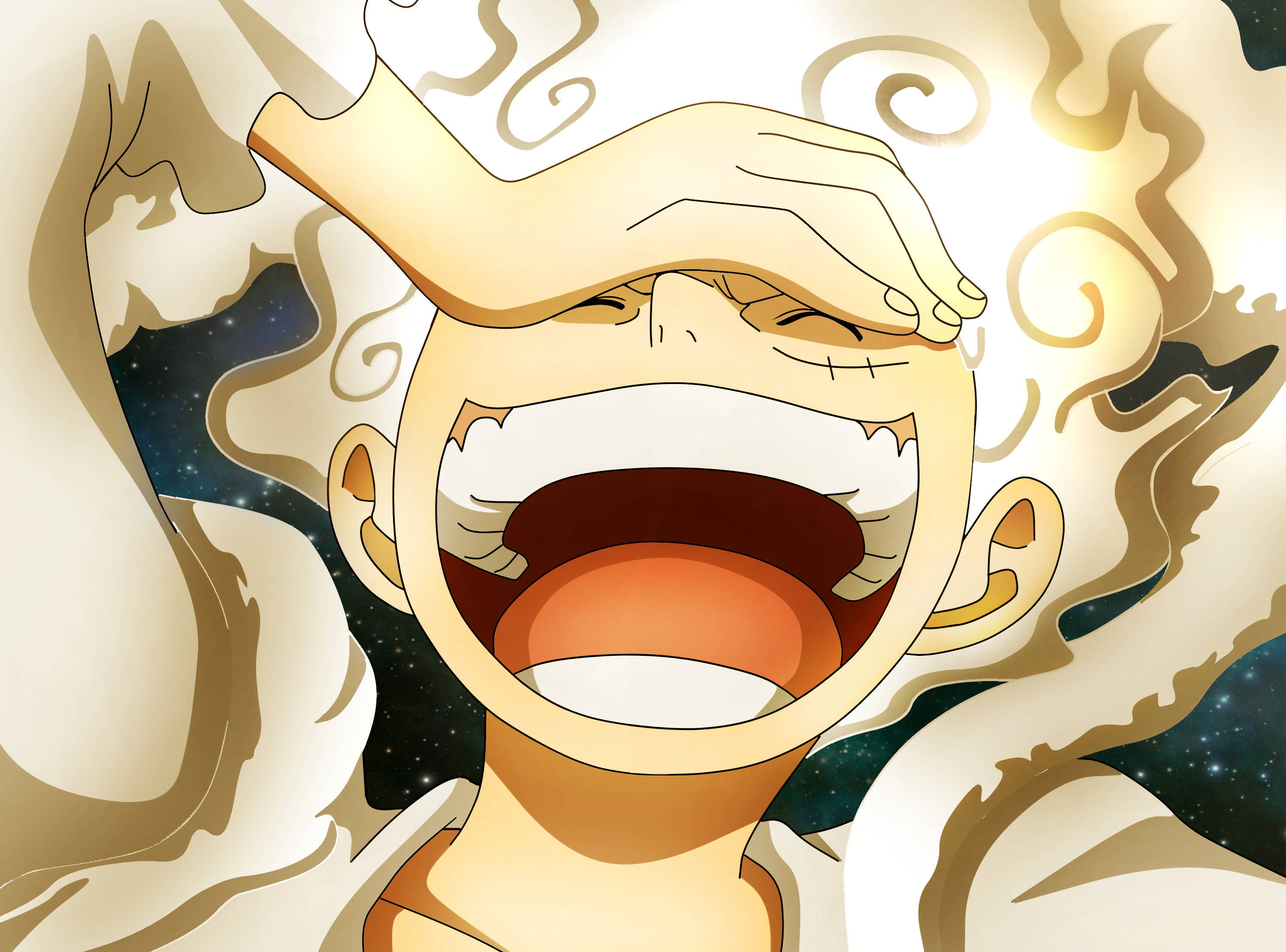 Luffy 桌布 壁紙 — 一個快樂的動漫角色在星空下大笑，蒸汽在他頭頂盤旋。