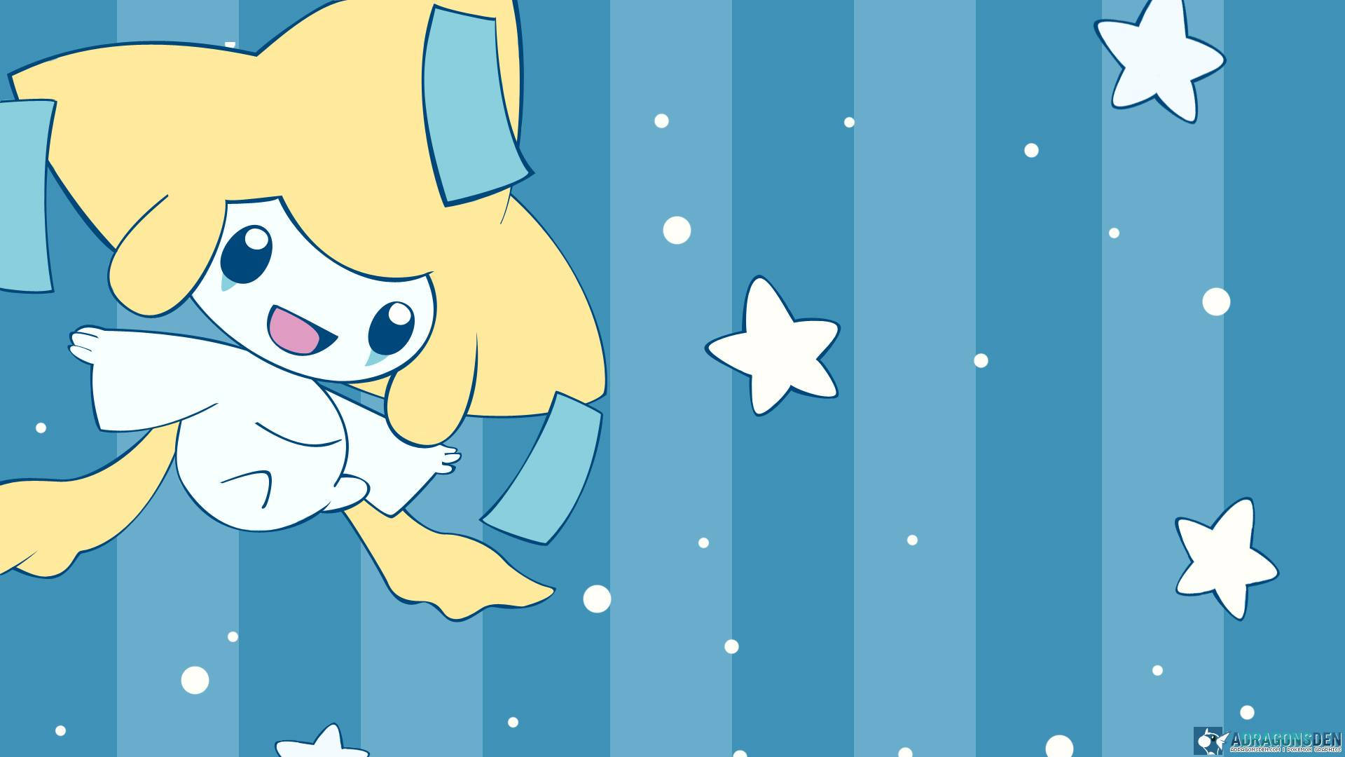 Stars 桌布 壁紙 — 一個快樂的動漫風格星形生物，金髮藍色蝴蝶結，在點綴著白色星星的藍色條紋背景上愉快地漂浮。
