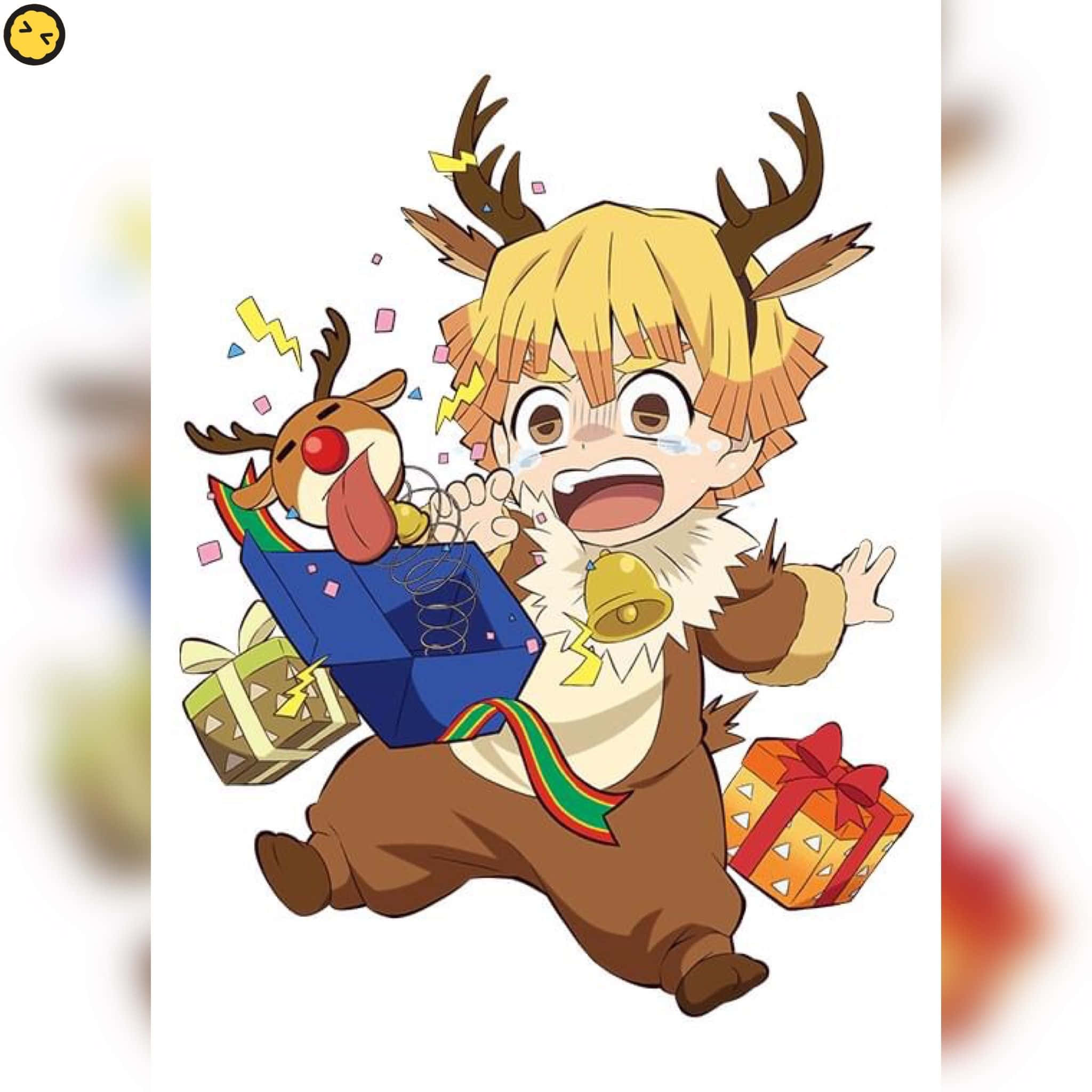 Anime Christmas 桌布 壁紙 — 一個快樂的動漫馴鹿男孩穿著節日服裝，帶著從盒子裡迸發出來的禮物和五彩紙屑奔跑。
