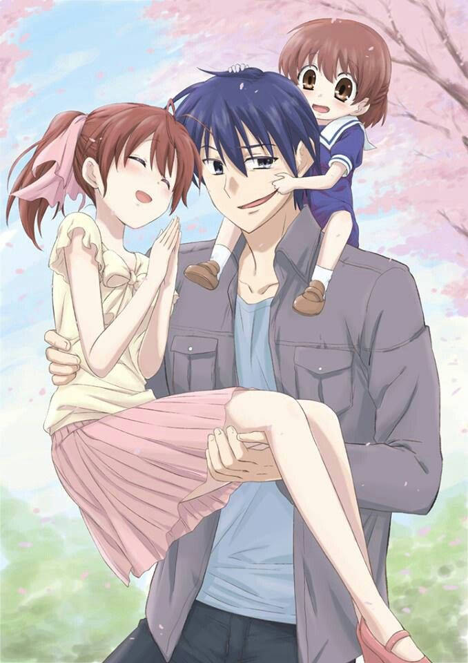 Clannad 桌布 壁紙 — 一個快樂的動畫三人家庭在盛開的櫻花下，以柔和的粉彩色調溫暖擁抱。