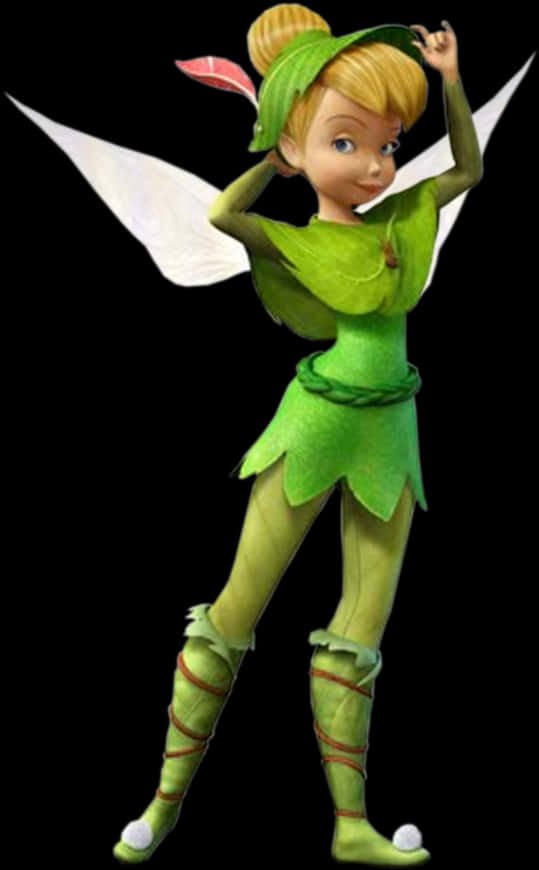 Peter Pan 桌布 壁紙 — 一個快樂的動畫仙女，穿著樹葉綠色服裝，白色翅膀，在黑色背景前擺姿勢。