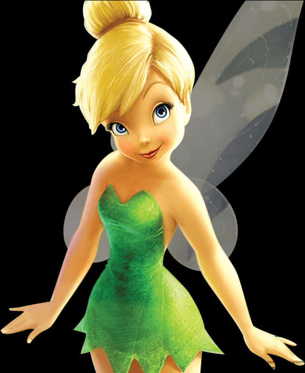 Peter Pan 桌布 壁紙 — 一個快樂的動畫仙女，金髮和半透明翅膀，穿著綠色葉子連衣裙，背景為黑色。