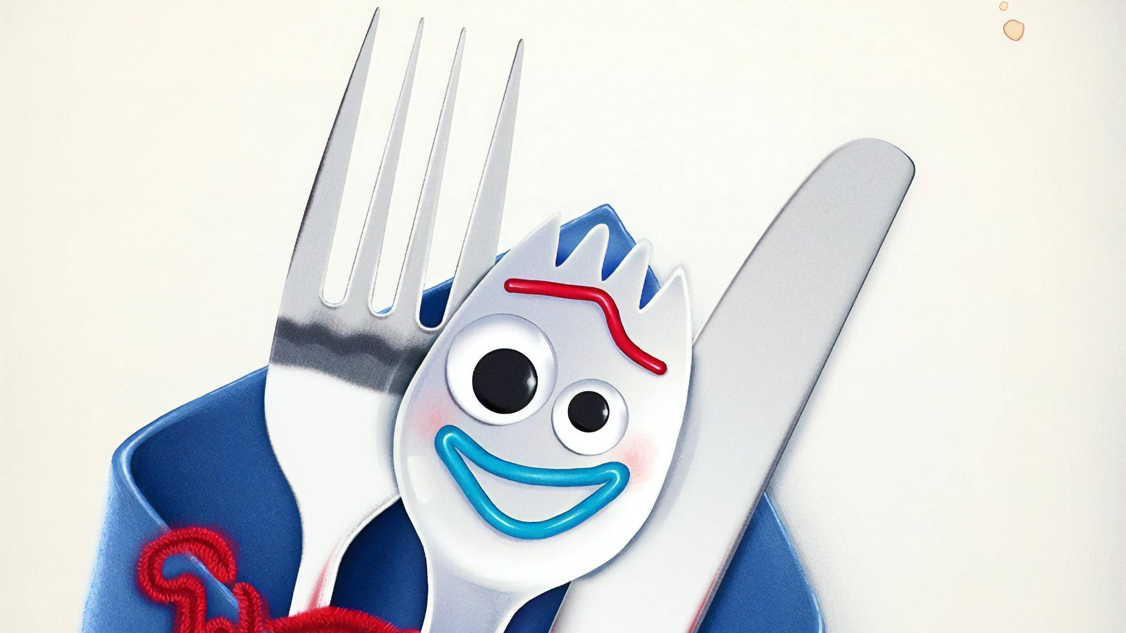 Forky 桌布 壁紙 — 一個快樂的動畫叉子，有凸眼和藍色微笑，坐在藍色餐巾上的刀和叉之間。