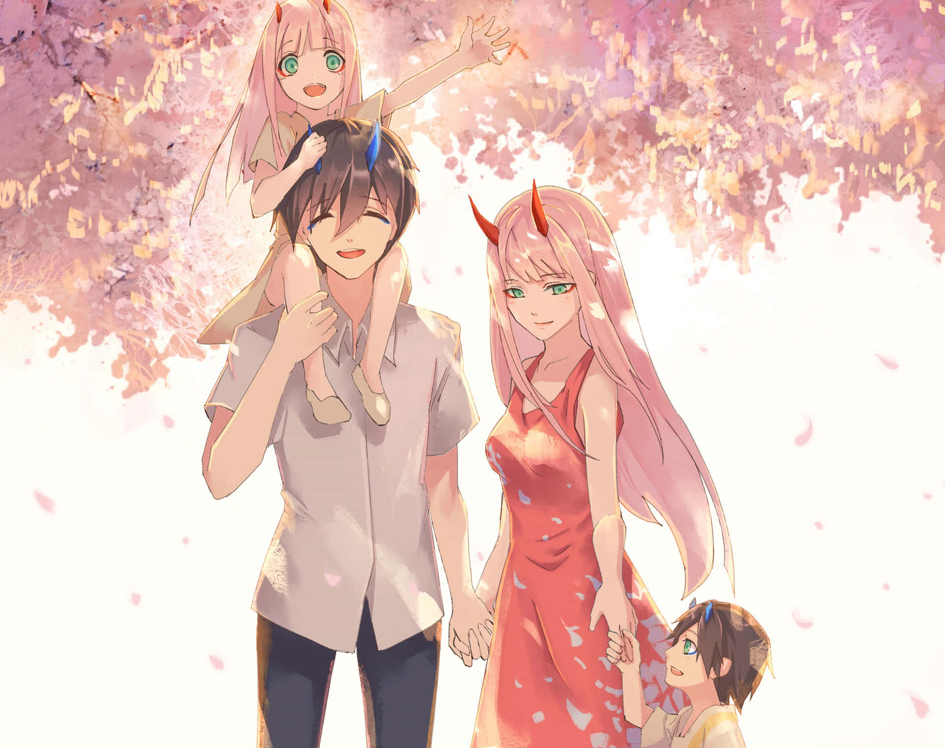 DARLING in the FRANXX 桌布 壁紙 — 一個快樂的動畫四口之家站在盛開的櫻花樹下，粉紅色的花瓣在他們周圍飄浮。