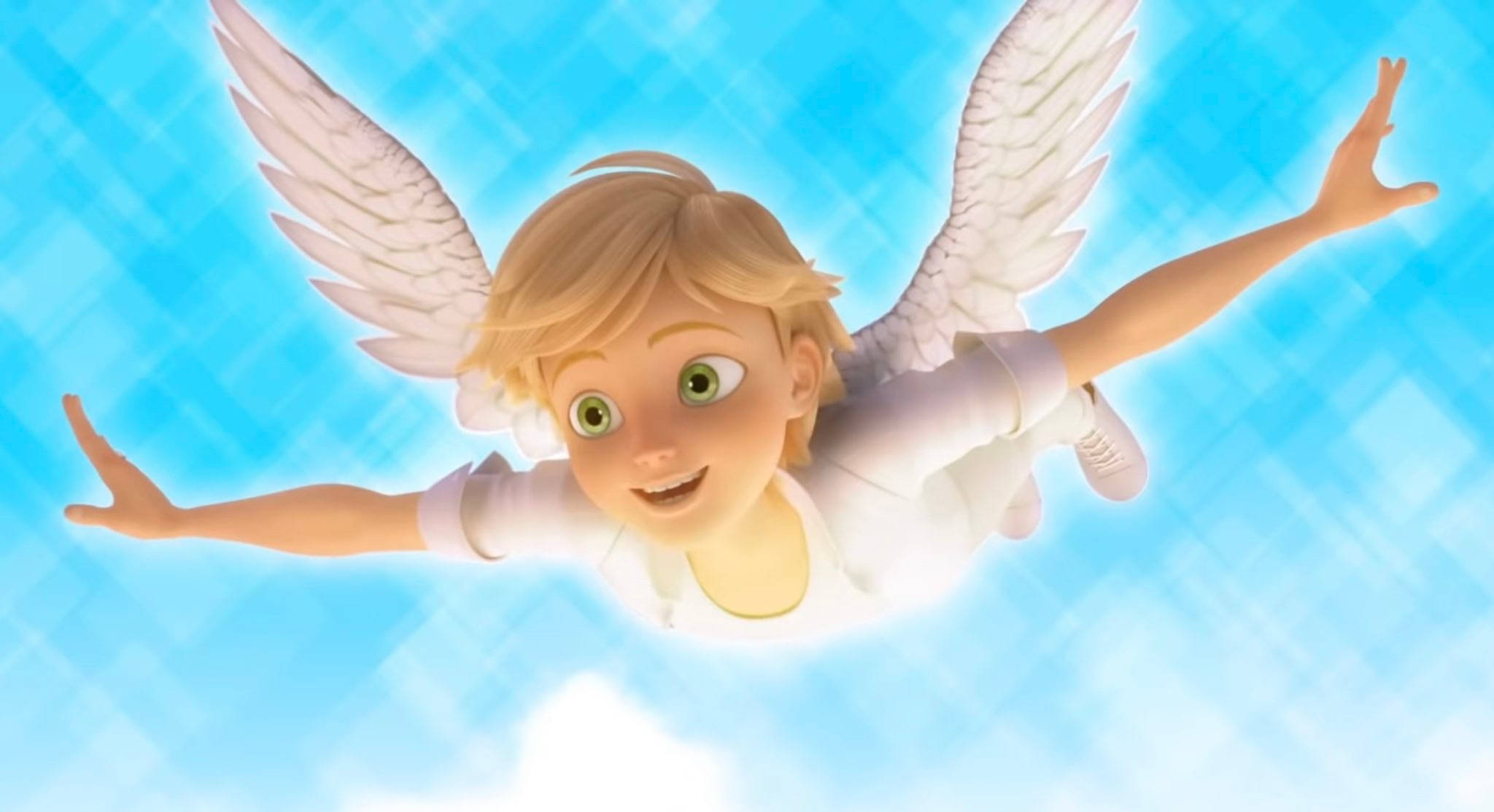 Adrien 桌布 壁紙 — 一個快樂的動畫天使，金髮白翼，帶著燦爛的笑容在明亮的藍天中翱翔。