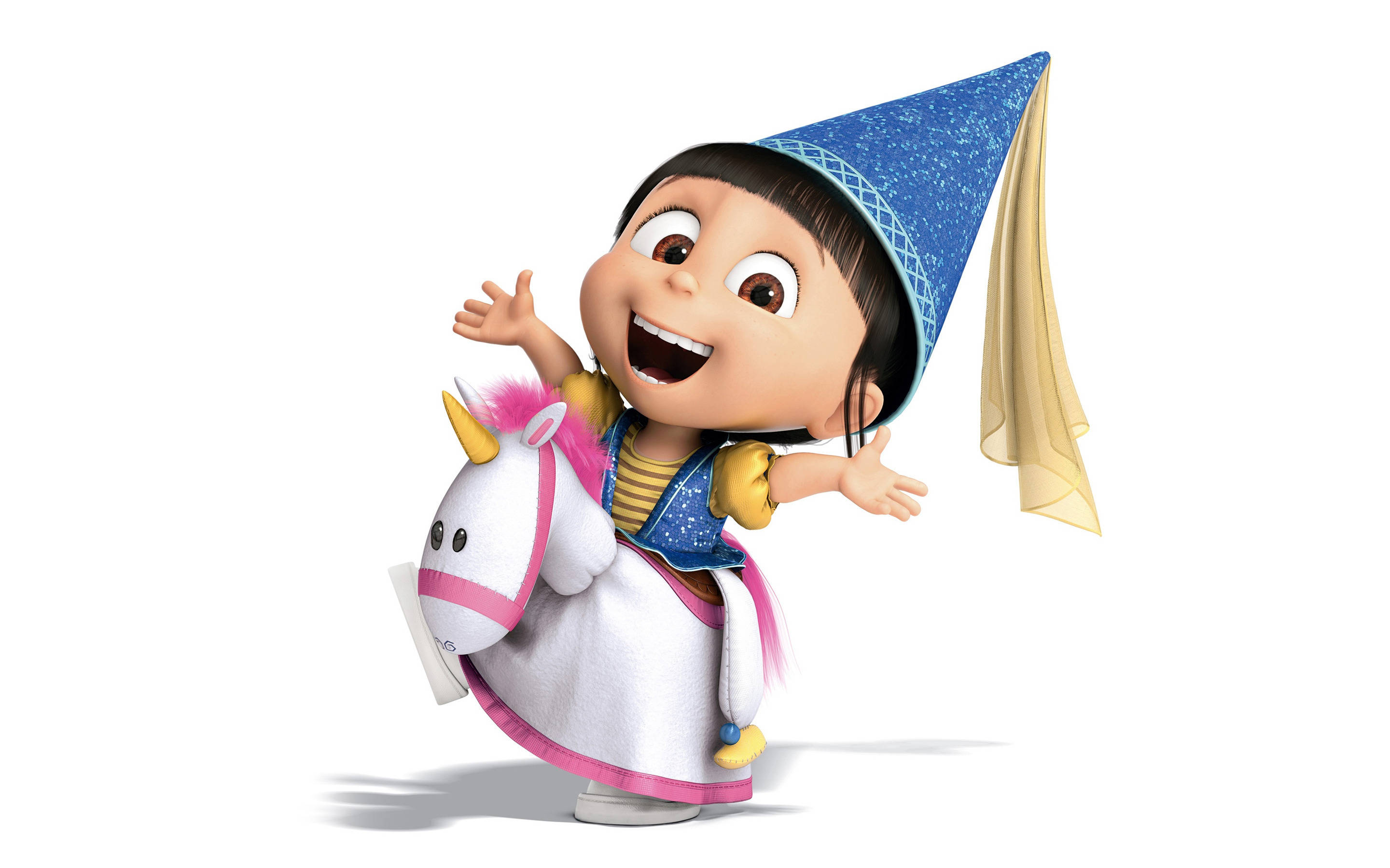 Despicable Me 2 桌布 壁紙 — 一個快樂的動畫女孩戴著藍色巫師帽，騎著帶有粉紅色裝飾的白色獨角獸玩具，背景是純白色。