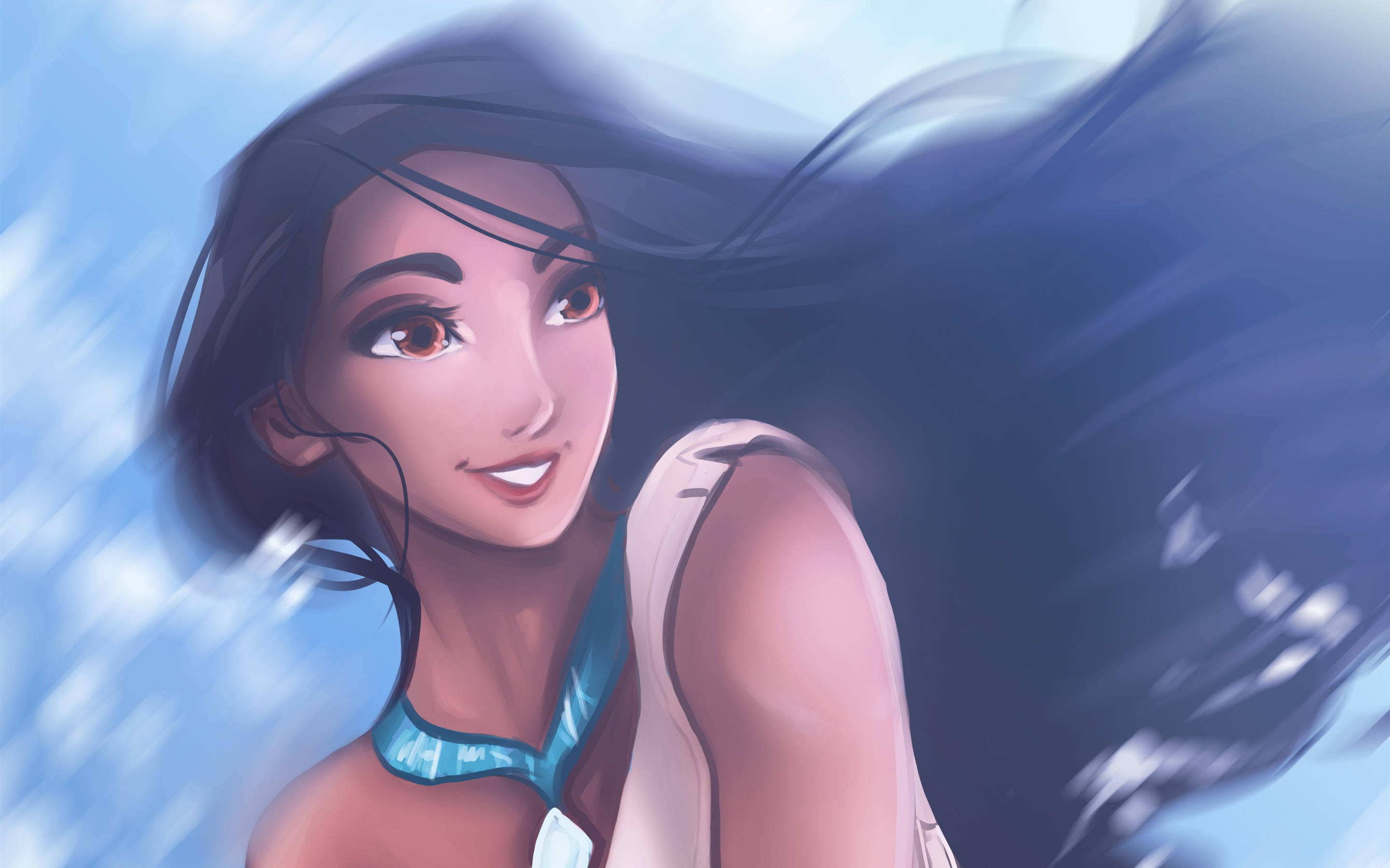 Pocahontas 桌布 壁紙 — 一個快樂的動畫女性，深色頭髮和溫暖的眼睛，微笑著，風吹動她的頭髮，背景是明亮的藍天。