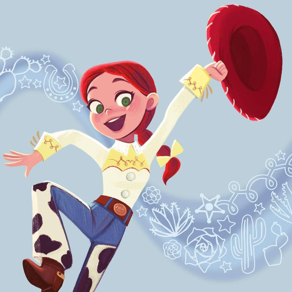 Jessie 桌布 壁紙 — 一個快樂的動畫女牛仔，紅頭髮，戴紅帽，在淺藍色背景上充滿活力地跳躍，背景點綴著白色西部主題塗鴉。