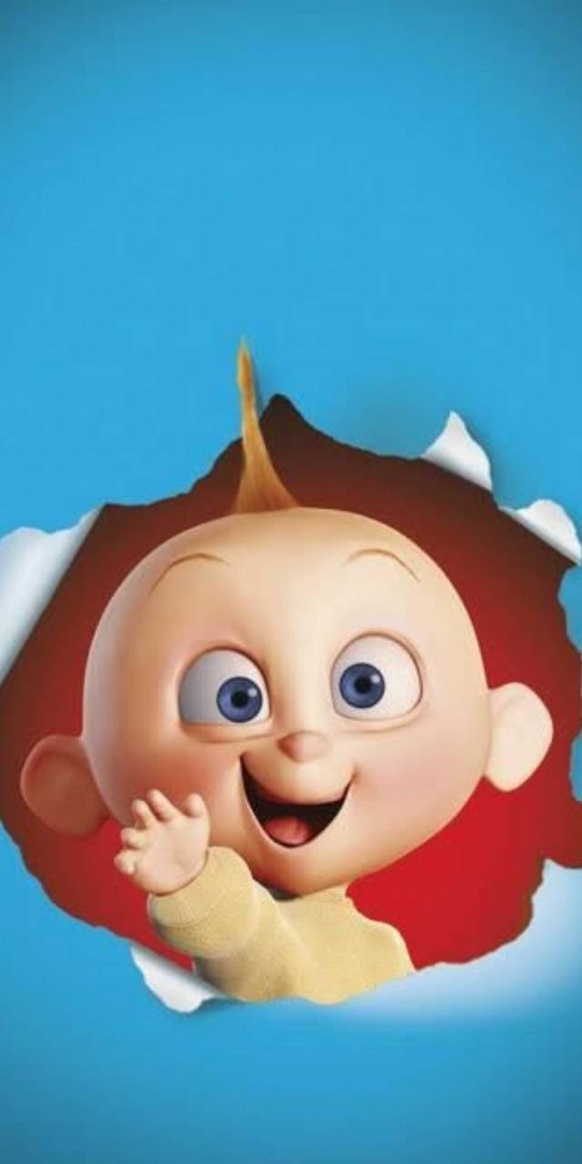 Jack Jack 桌布 壁紙 — 一個快樂的動畫嬰兒，藍眼睛，一撮頭髮，透過撕破的紅色紙張窺視，背景是明亮的藍色。