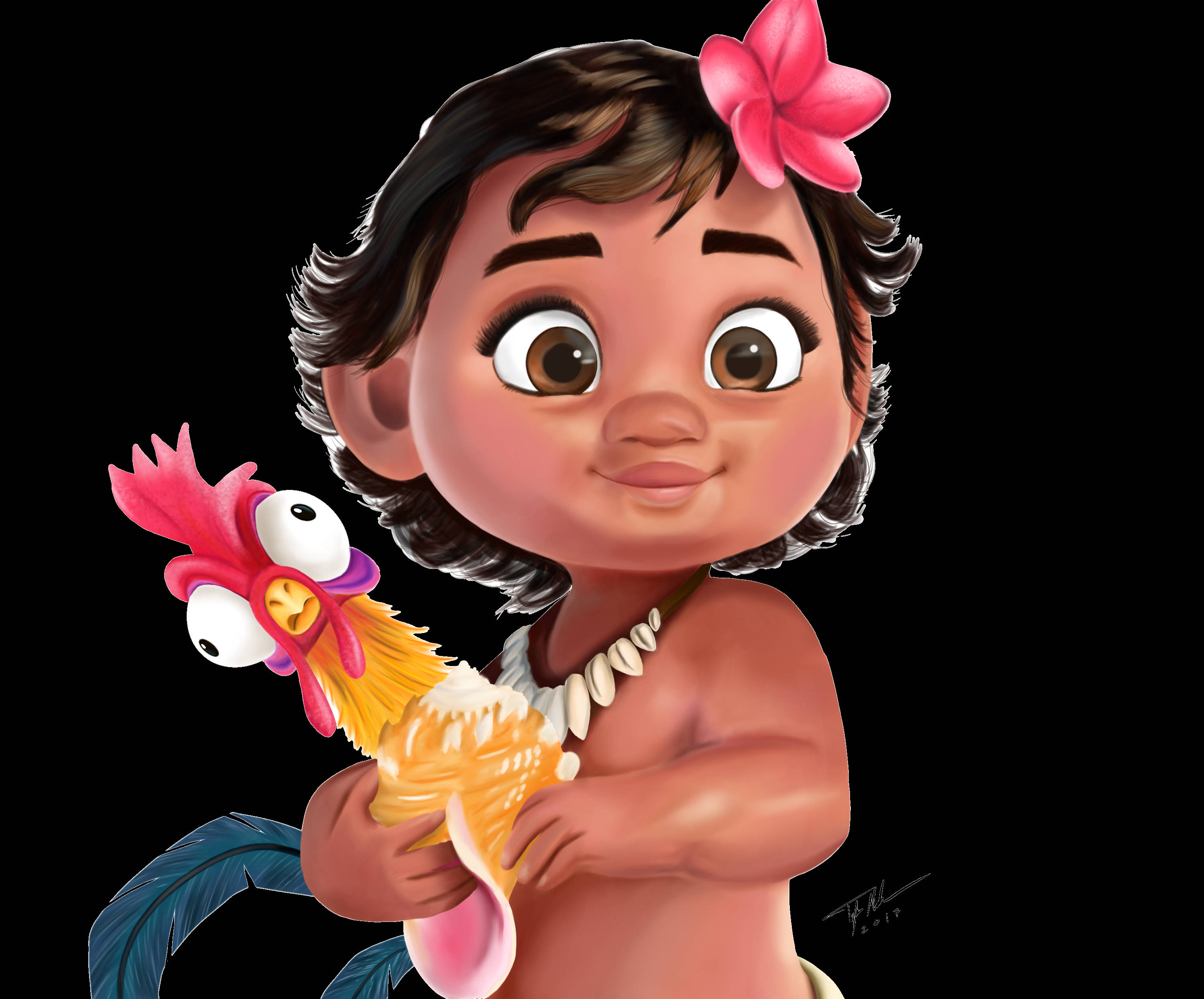Moana 桌布 壁紙 — 一個快樂的動畫幼兒，頭髮上戴著一朵粉紅色的花，在黑色背景前抱著一個色彩繽紛的公雞毛絨玩具。