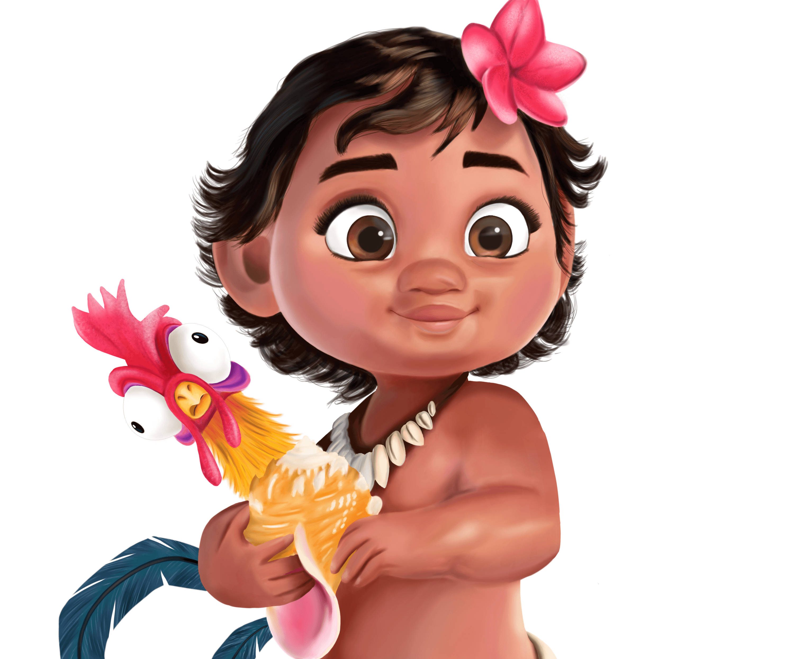 Baby Moana 桌布 壁紙 — 一個快樂的動畫幼兒，頭髮上插著一朵粉紅色的花，抱著一個色彩繽紛的公雞毛絨玩具。