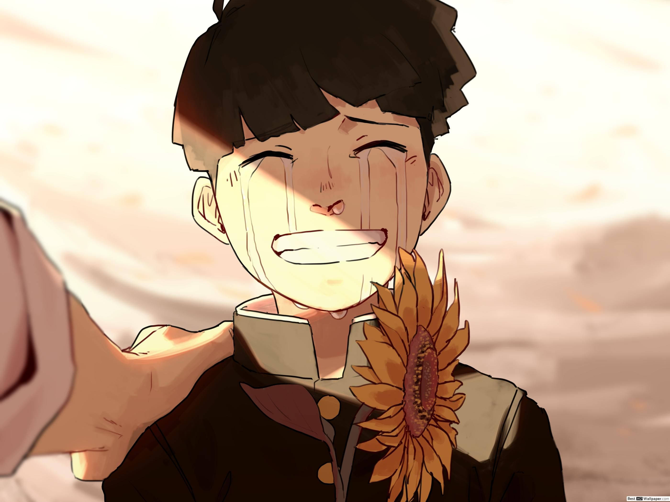 Smile 桌布 壁紙 — 一個快樂的動畫男孩，外套上別著向日葵，在溫暖的金色光芒下大笑，淚水順著臉頰流下。