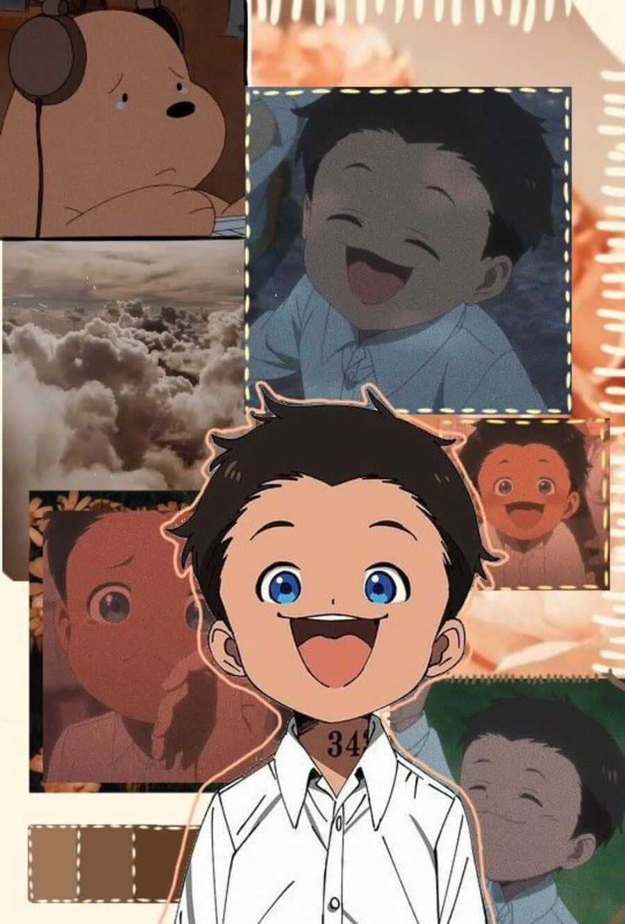 The Promised Neverland Phil 桌布 壁紙 — 一個快樂的動畫男孩，藍眼睛，在他表情豐富的臉孔和雲朵滿天的天空拼貼中燦爛微笑。
