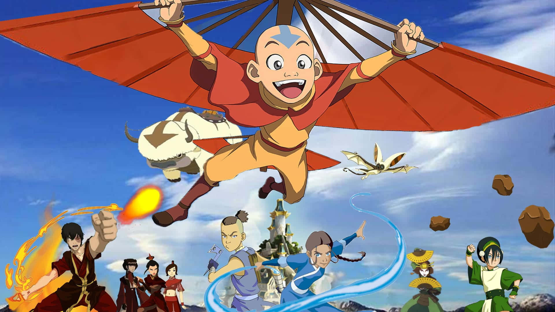 降世神通 最後的氣宗 桌布 壁紙 — 一個快樂的動畫男孩在明亮的藍天上乘著紅色降落傘，飛越一群使用火、水和土的元素操縱者。
