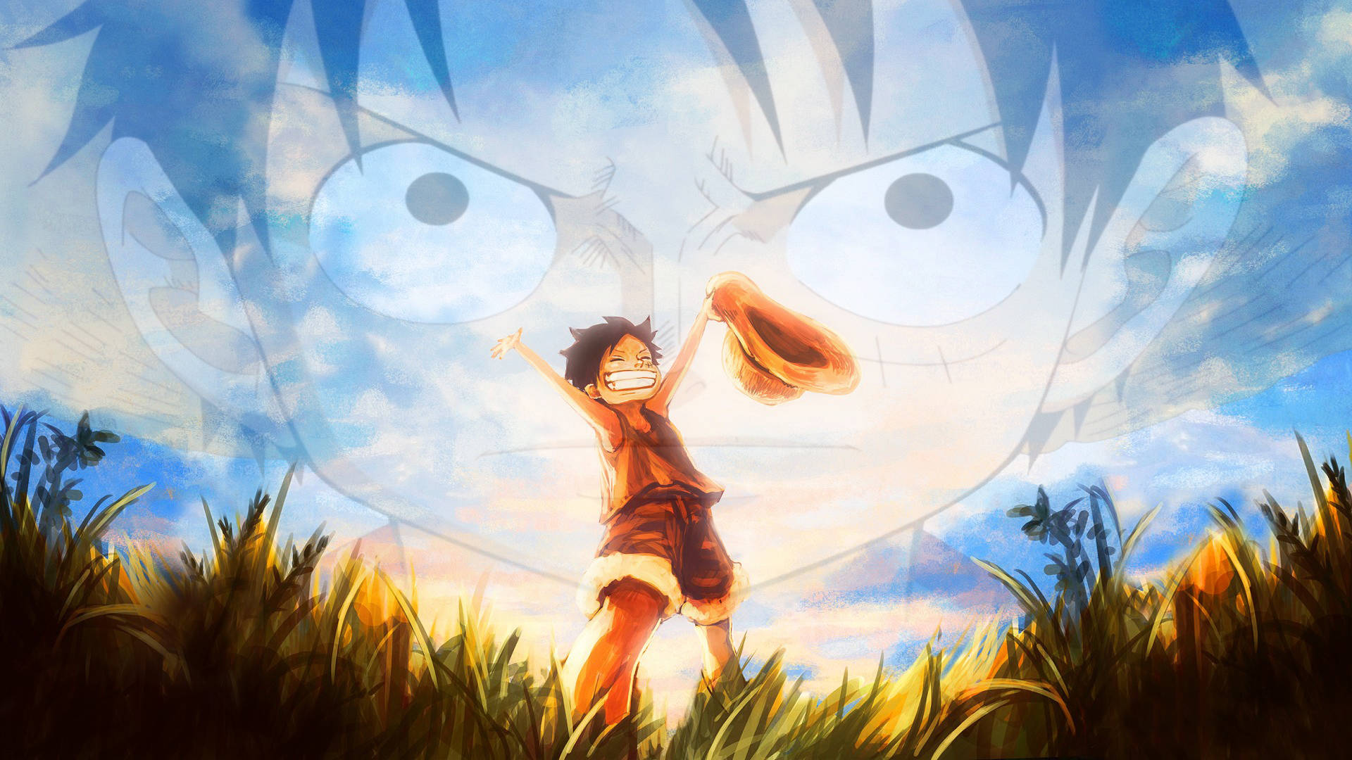 Luffy 桌布 壁紙 — 一個快樂的動畫男孩在陽光明媚的田野中跳躍，頭頂是湛藍天空中一個巨大的半透明面孔。