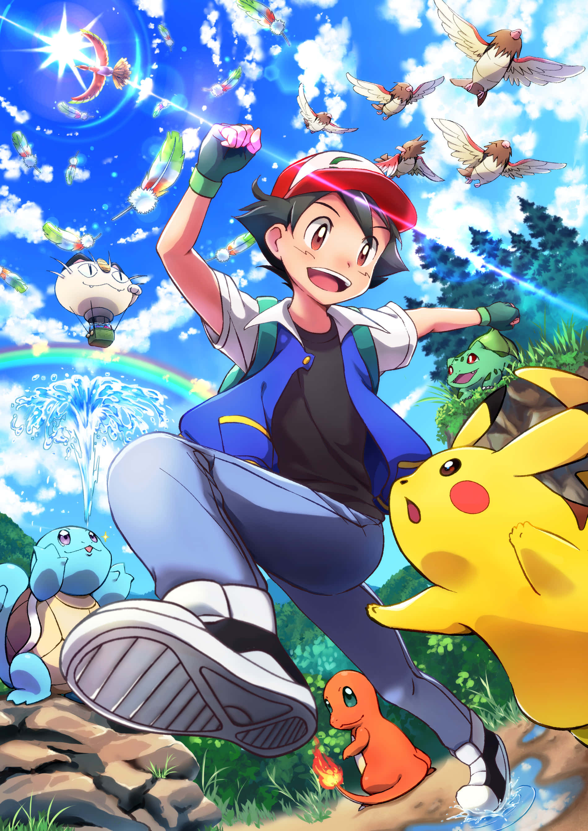 Ash And Pikachu 桌布 壁紙 — 一個快樂的動畫男孩戴著紅色帽子，與皮卡丘和其他寶可夢一起在一片充滿活力的森林空地中勝利地站著，背景是明亮的藍天，有彩虹和飛鳥。