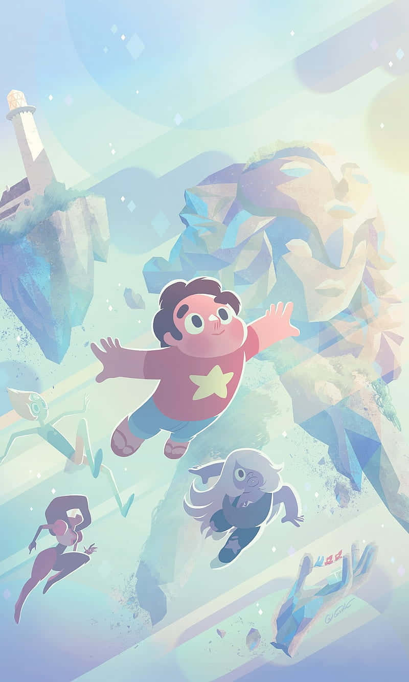 桌布 壁紙 — 一個快樂的動畫男孩穿著星星襯衫，與朋友和漂浮的岩石一起漂浮在夢幻般的水晶景觀中。