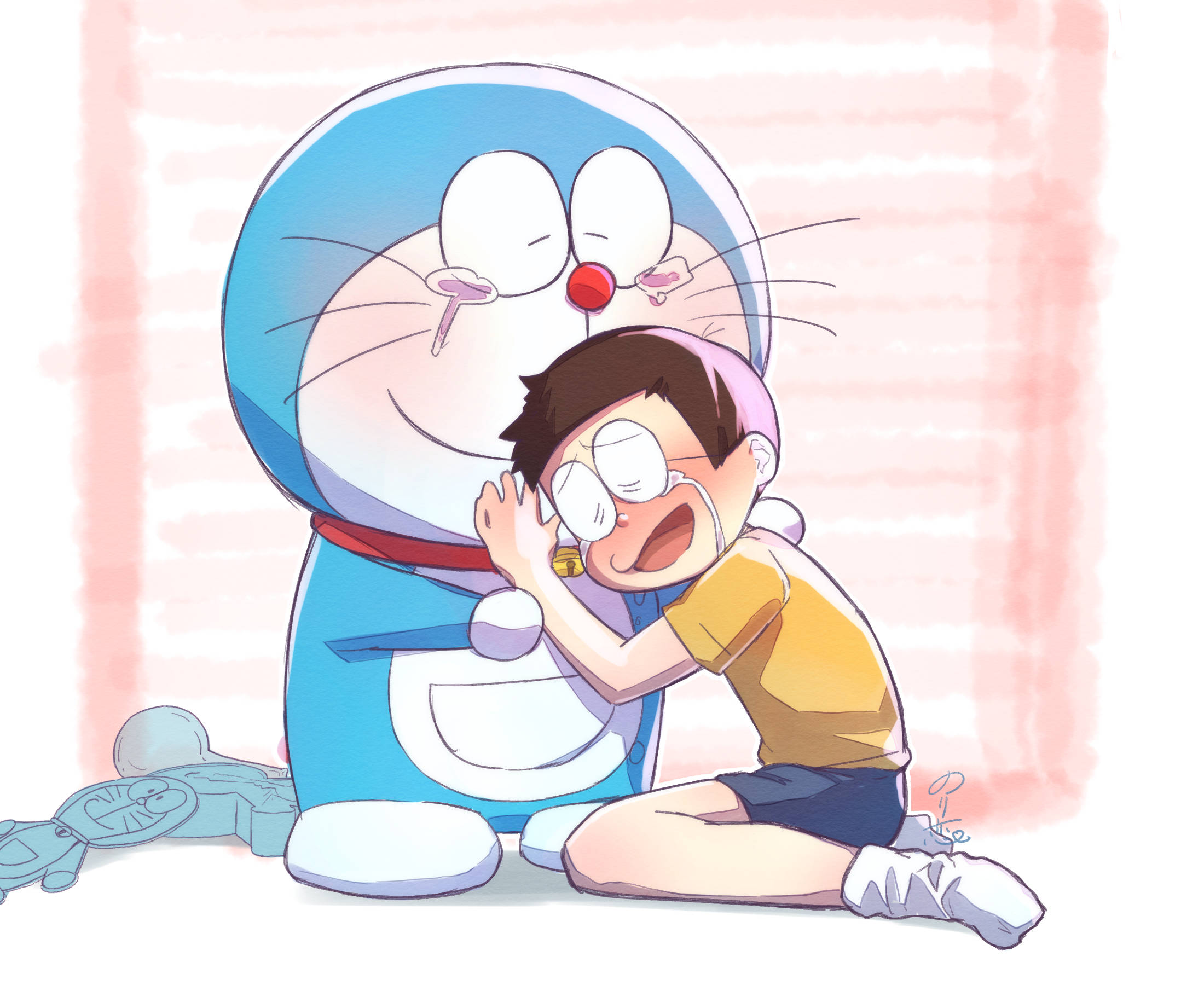 Doraemon And Nobita 桌布 壁紙 — 一個快樂的動畫男孩緊緊擁抱他的藍色機器貓朋友，背景是柔和的粉紅色條紋。