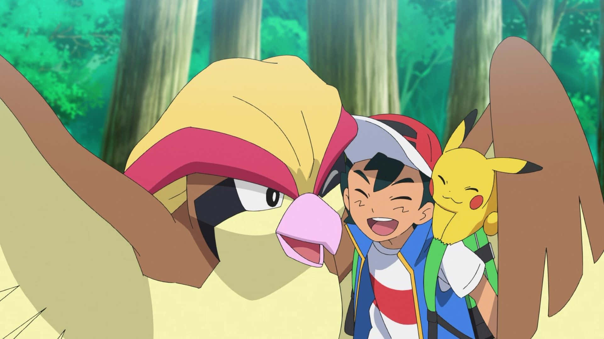 Pokemon Tv Shows 桌布 壁紙 — 一個快樂的動畫男孩與他的皮卡丘和一隻大型鳥類寶可夢在茂密的綠色森林中大笑。