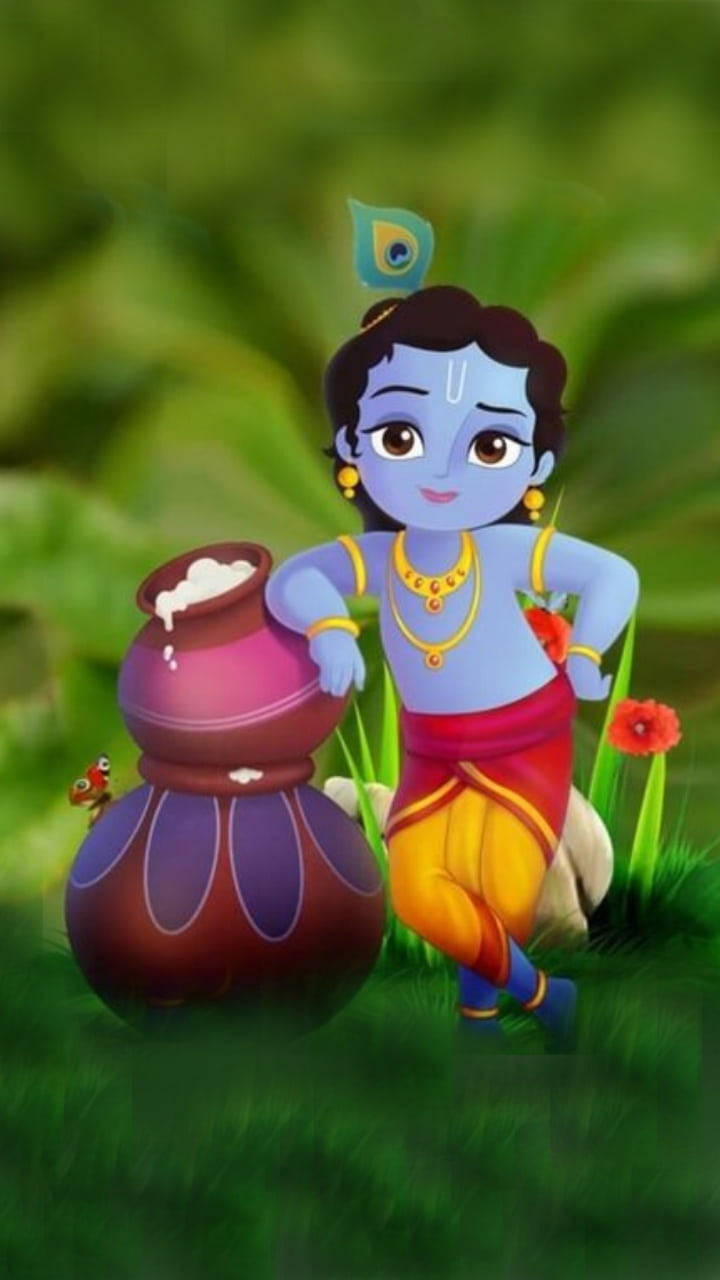 animated krishna 桌布 壁紙 — 一個快樂的動畫藍皮膚小孩戴著孔雀羽毛皇冠，站在翠綠草地上一個色彩繽紛的牛奶罐旁邊。