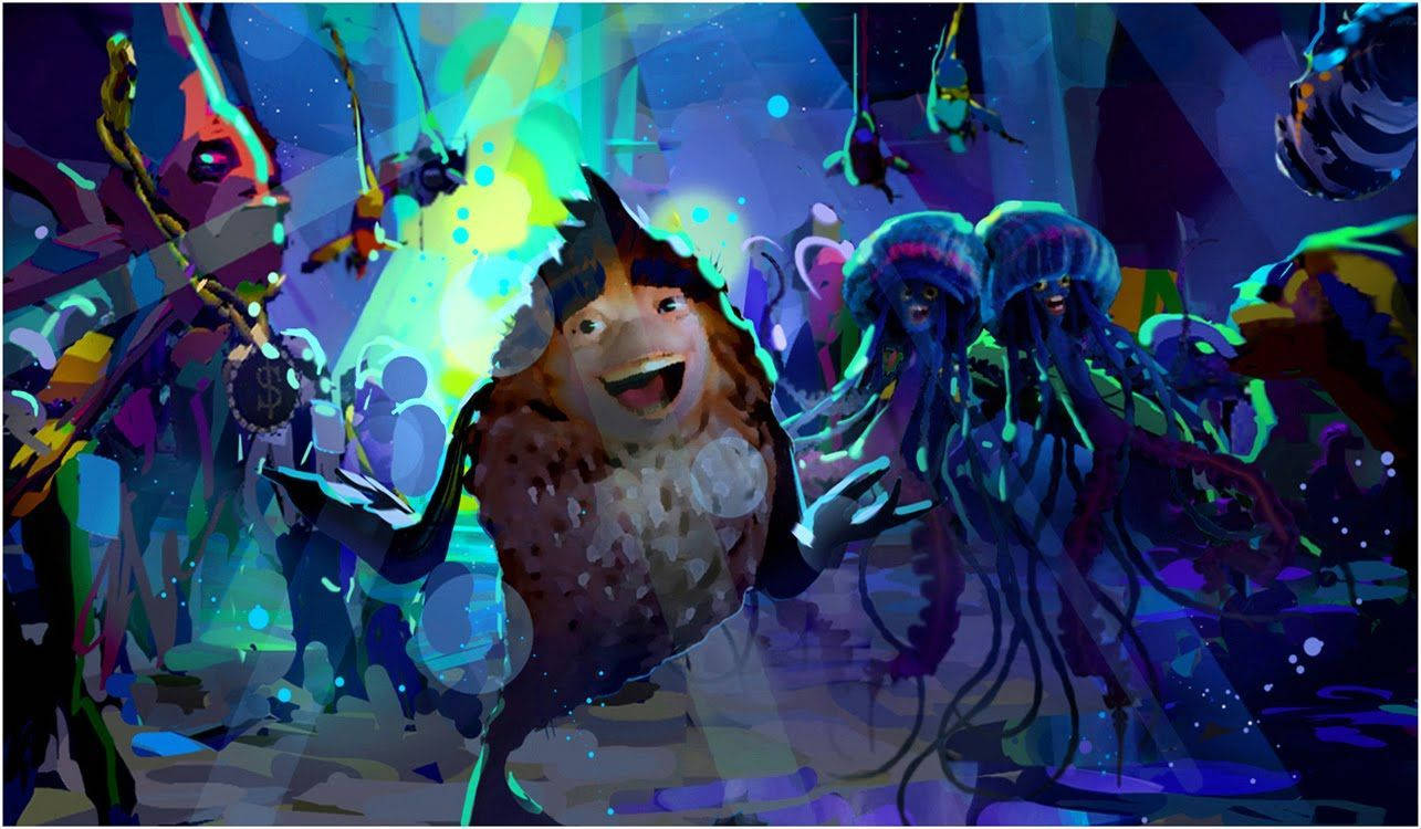 Shark Tale 桌布 壁紙 — 一個快樂的動畫角色，頭髮尖刺，在發光的水母和鮮豔的霓虹燈光中，於超現實的水下銳舞派對中跳舞。