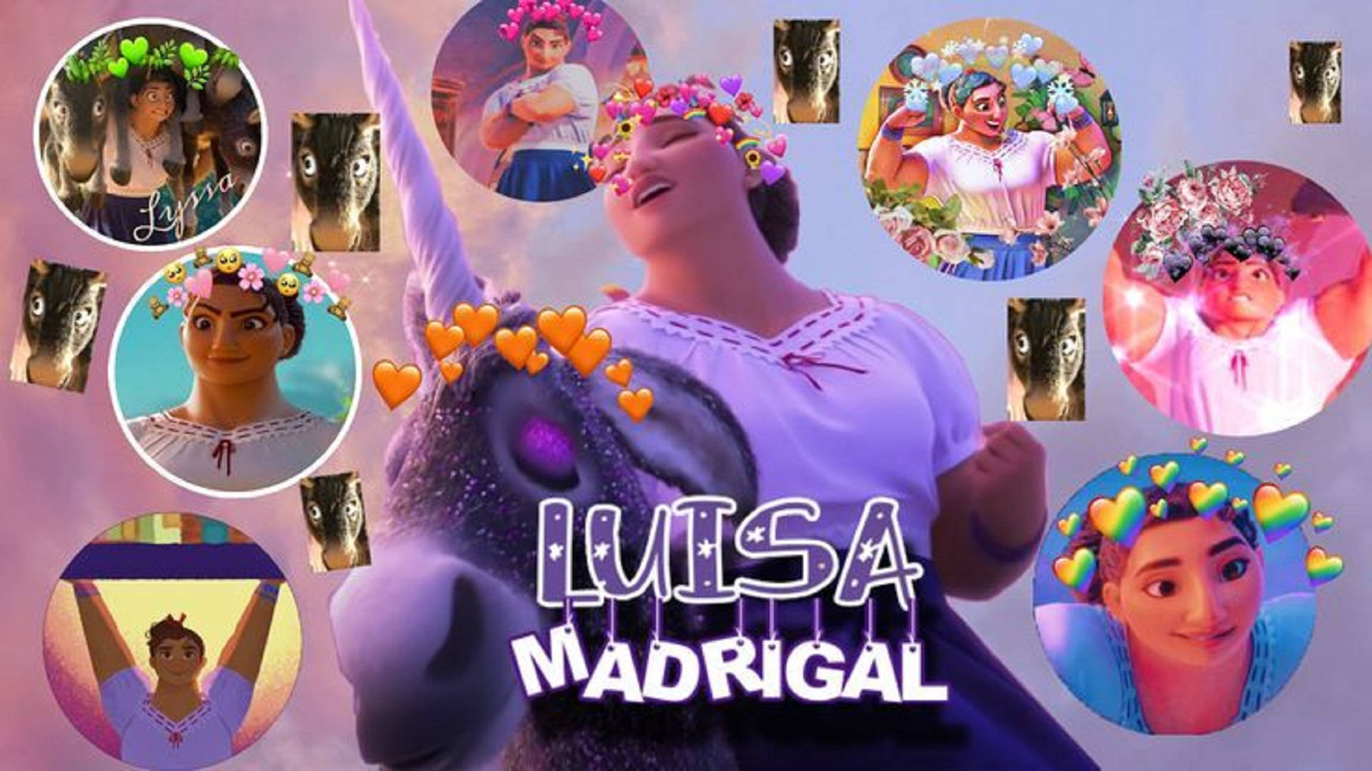 Luisa 桌布 壁紙 — 一個快樂的動畫角色騎著紫色獨角獸，周圍環繞著她自己穿著彩色服裝的浮動圓形肖像。