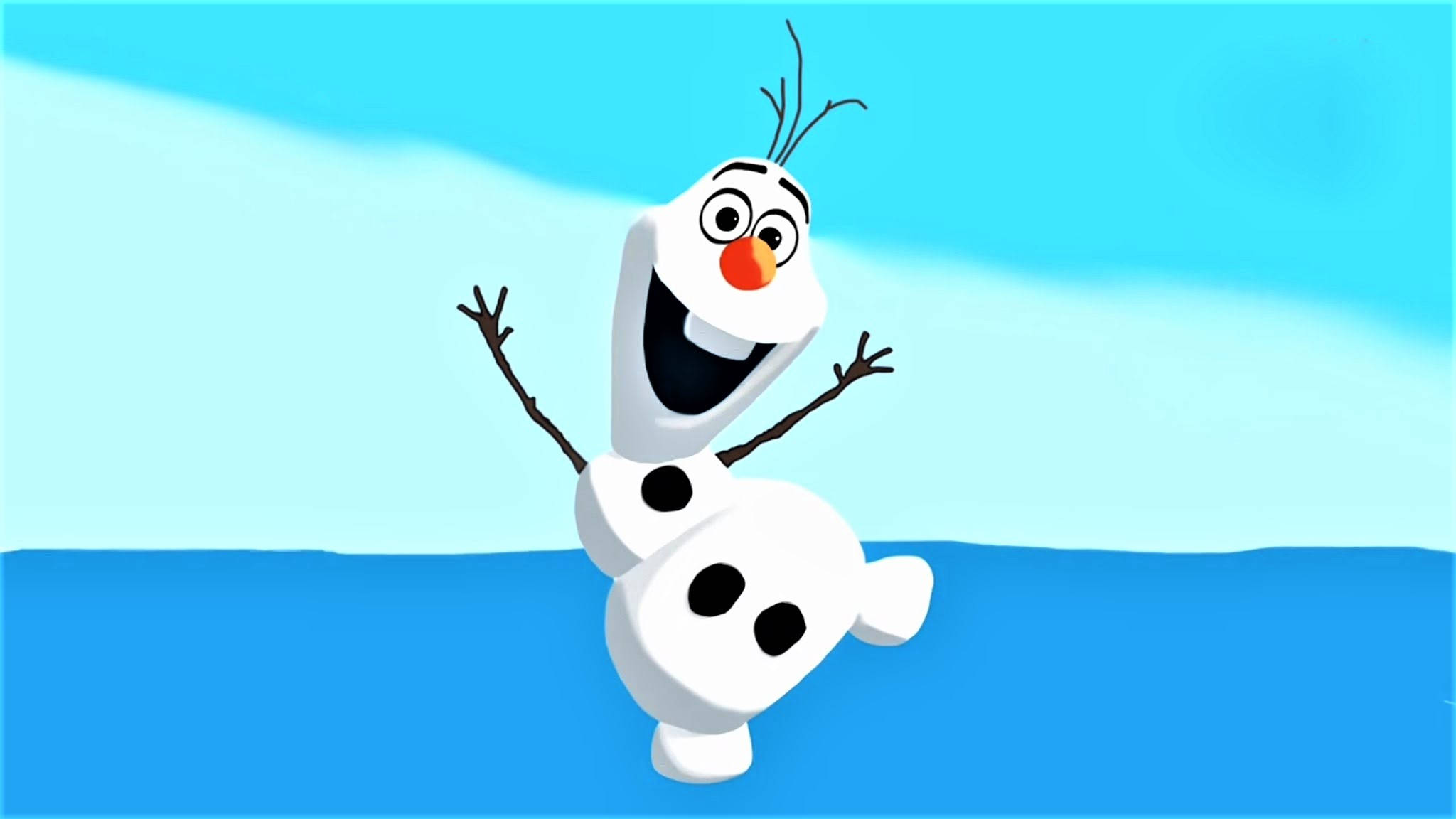 Olaf 桌布 壁紙 — 一個快樂的動畫雪人，有樹枝手臂和胡蘿蔔鼻子，在明亮的藍天和冰雪景觀中歡快地跳躍。