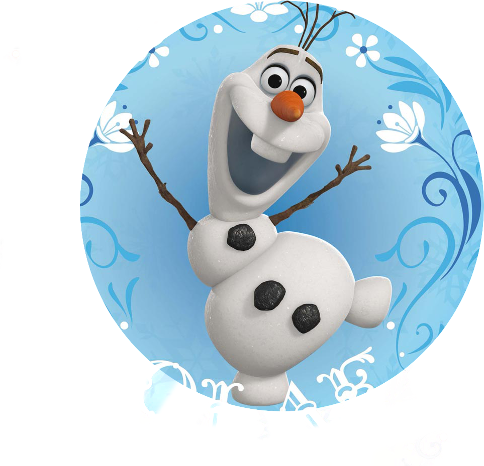 雪寶 桌布 壁紙 — 一個快樂的動畫雪人，有樹枝手臂和胡蘿蔔鼻子，在藍色花卉圓形背景上燦爛微笑。