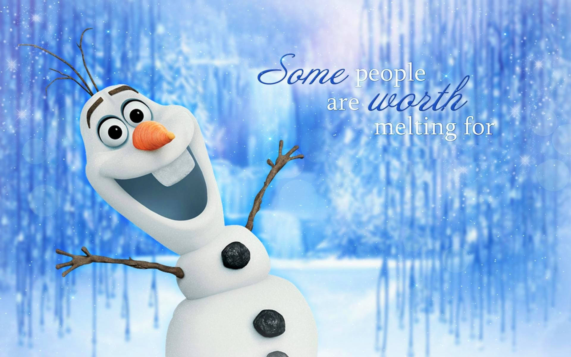 Olaf 桌布 壁紙 — 一個快樂的動畫雪人，有樹枝手臂和胡蘿蔔鼻子，在閃閃發光的冰藍色背景上燦爛地微笑。