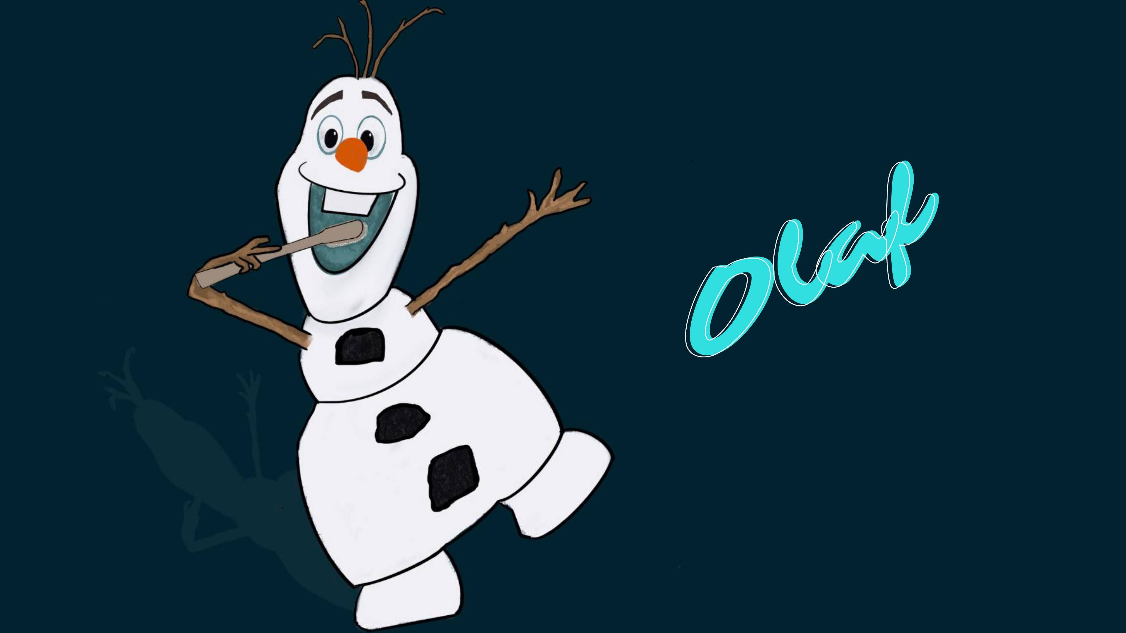 Olaf 桌布 壁紙 — 一個快樂的動畫雪人奧拉夫，有樹枝手臂和胡蘿蔔鼻子，在深藍綠色背景上歡快地跳舞。