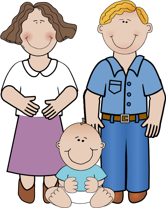 parenting 桌布 壁紙 — 一個快樂的卡通三人家庭，以簡單的輪廓和平面色彩在黑色背景上微笑。