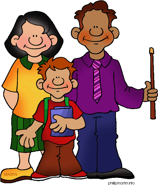 Clip Art 桌布 壁紙 — 一個快樂的卡通三人家庭在黑色背景前一起微笑，男孩拿著一本書，男人拿著一根棍子。