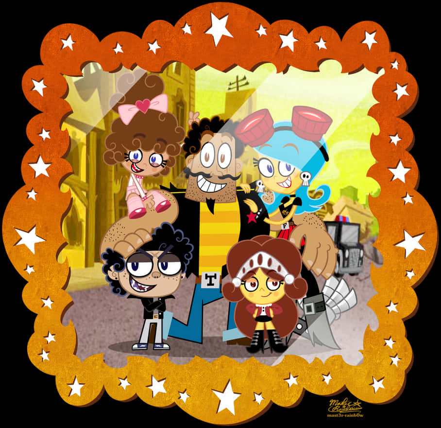 Cartoon Characters 桌布 壁紙 — 一個快樂的卡通五口之家在一個星形橙色框架內，以陽光明媚的城市背景為背景擺姿勢。