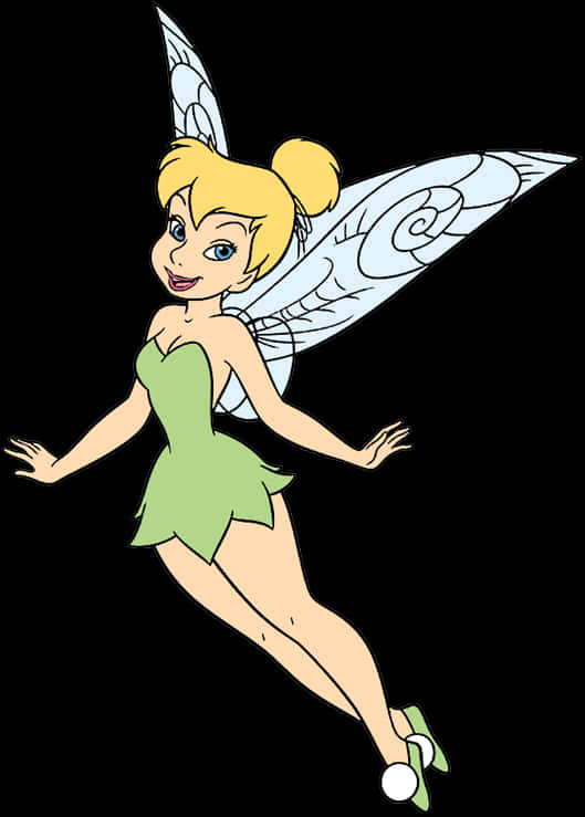 Tinker Bell 桌布 壁紙 — 一個快樂的卡通仙女，金髮和半透明翅膀，在黑色背景上優雅地飛翔。