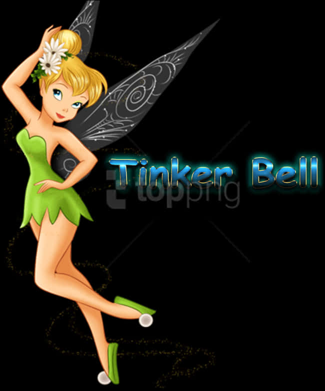 Tinker Bell 桌布 壁紙 — 一個快樂的卡通仙女，金髮綠裙，在黑色背景上優雅地擺姿勢，帶有發光文字。