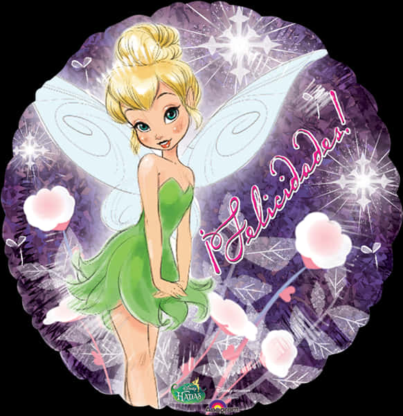 Peter Pan 桌布 壁紙 — 一個快樂的卡通仙女，金髮綠裙，站在閃爍的紫色背景前，背景有粉紅花朵和「Felicidades」字樣。