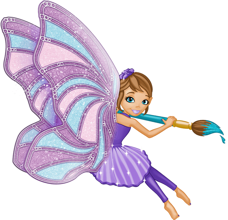 Fairy Wings 桌布 壁紙 — 一個快樂的卡通仙子，擁有閃閃發光的紫色和藍色翅膀，手持一支滴著青綠色顏料的畫筆，背景為黑色。