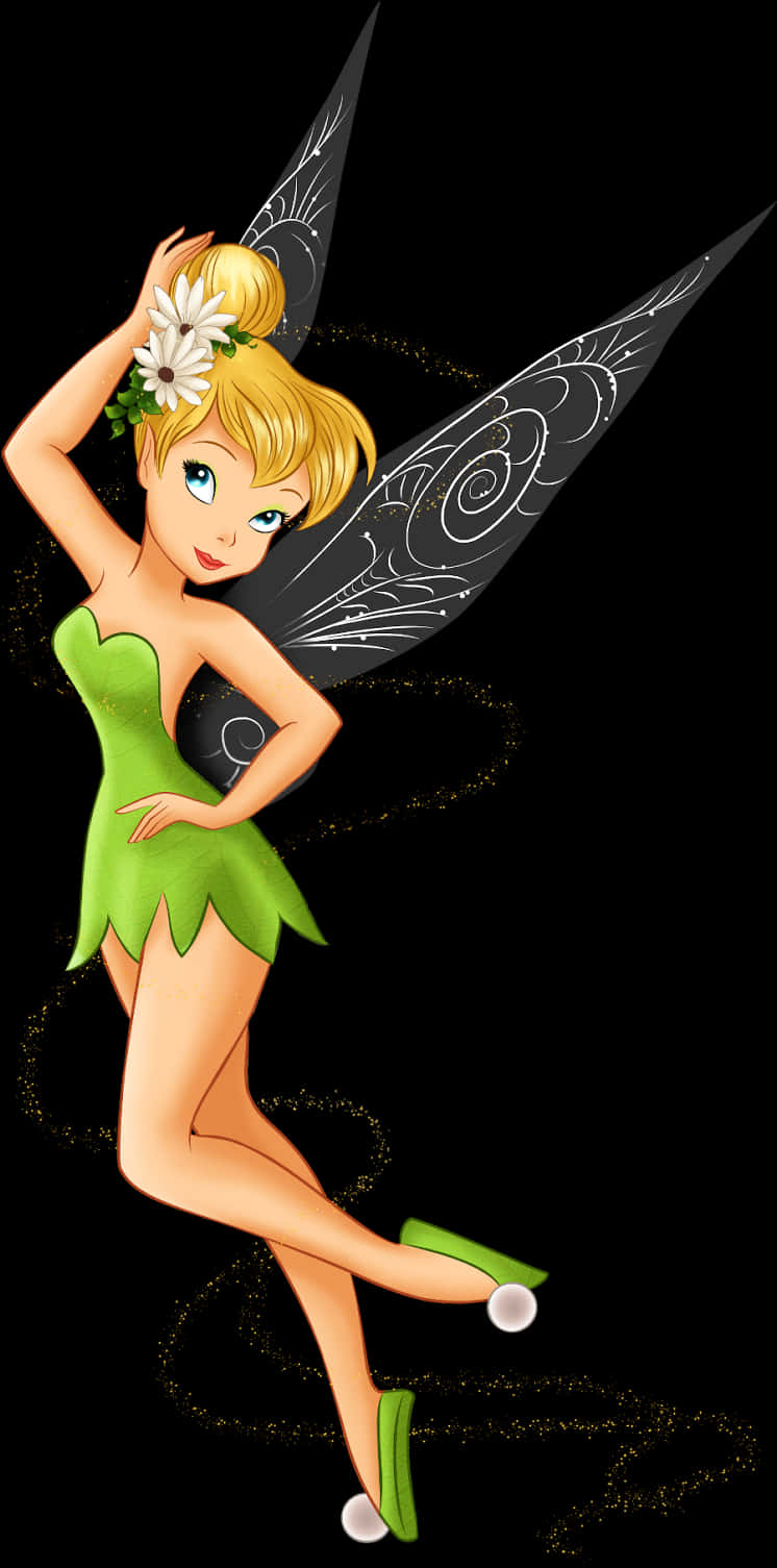 Peter Pan 桌布 壁紙 — 一個快樂的卡通仙子，金髮綠裙，在黑色背景上優雅地擺姿勢，周圍有旋轉的閃光。
