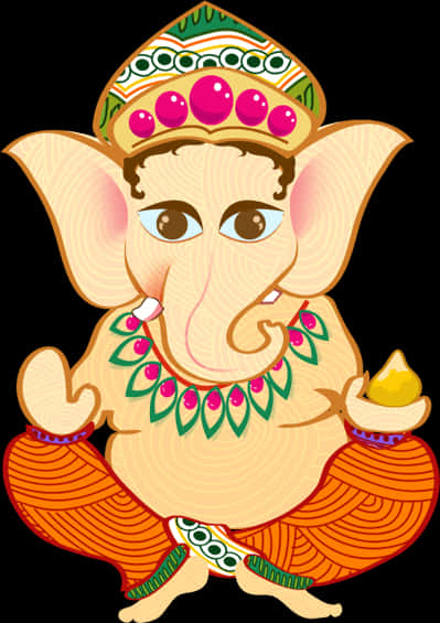 Cartoon 桌布 壁紙 — 一個快樂的卡通大象神Ganesha，有大耳朵和皇冠，拿著一個甜美的modak。