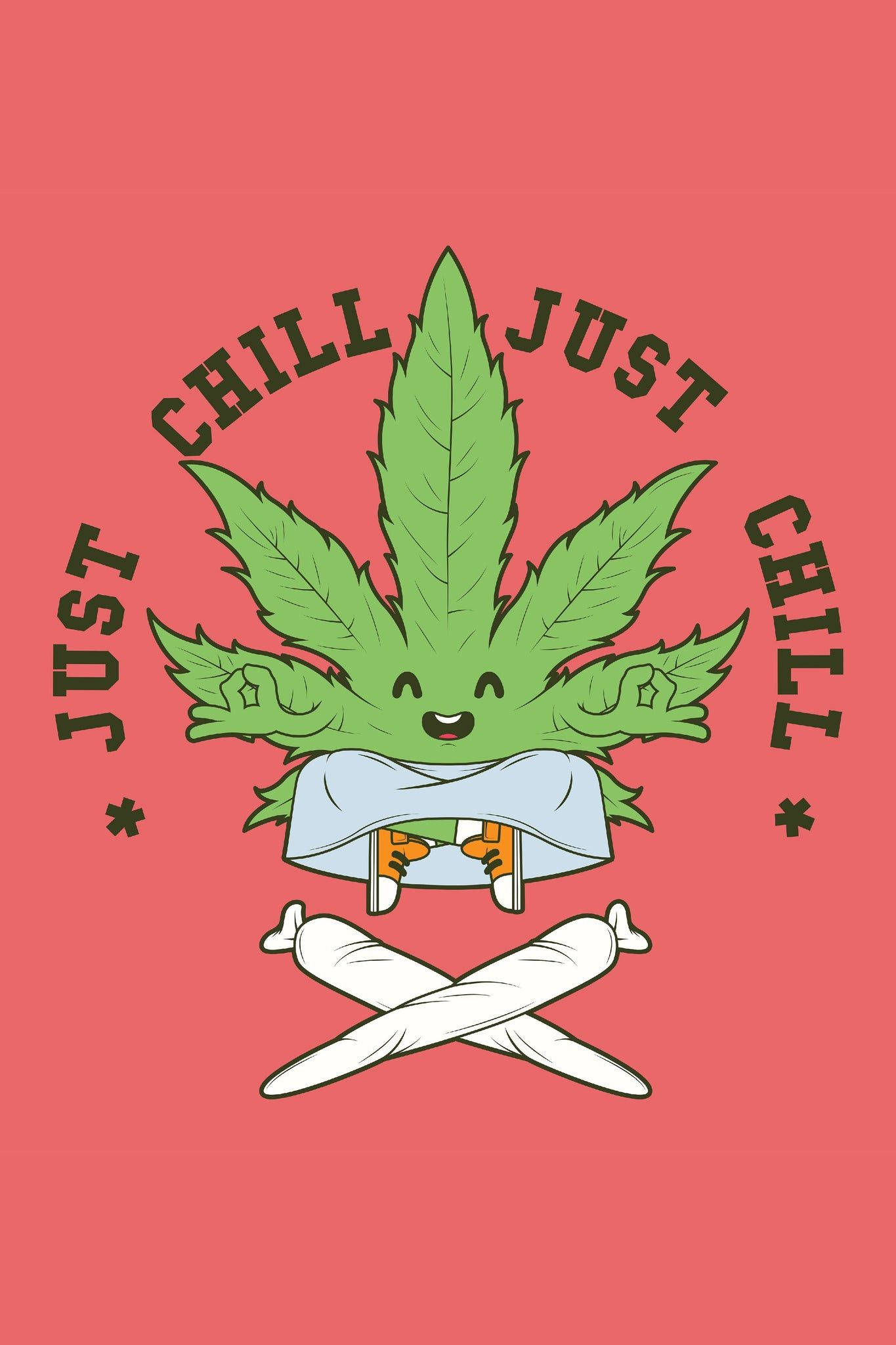 Rick And Morty Weed 桌布 壁紙 — 一個快樂的卡通大麻葉在珊瑚色背景上穿著長袍冥想，下方有交叉的關節，上方有拱形的「just chill」文字。