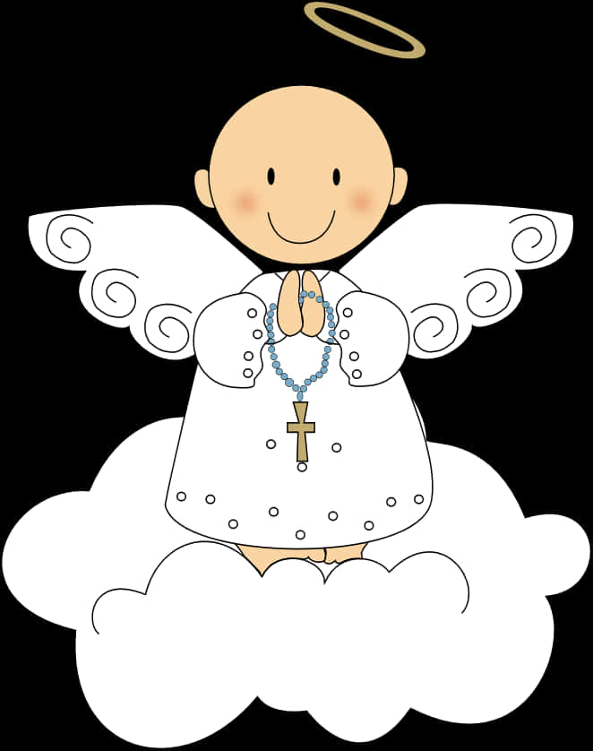Baptism 桌布 壁紙 — 一個快樂的卡通天使，有白色翅膀和光環，坐在雲上，手持念珠。
