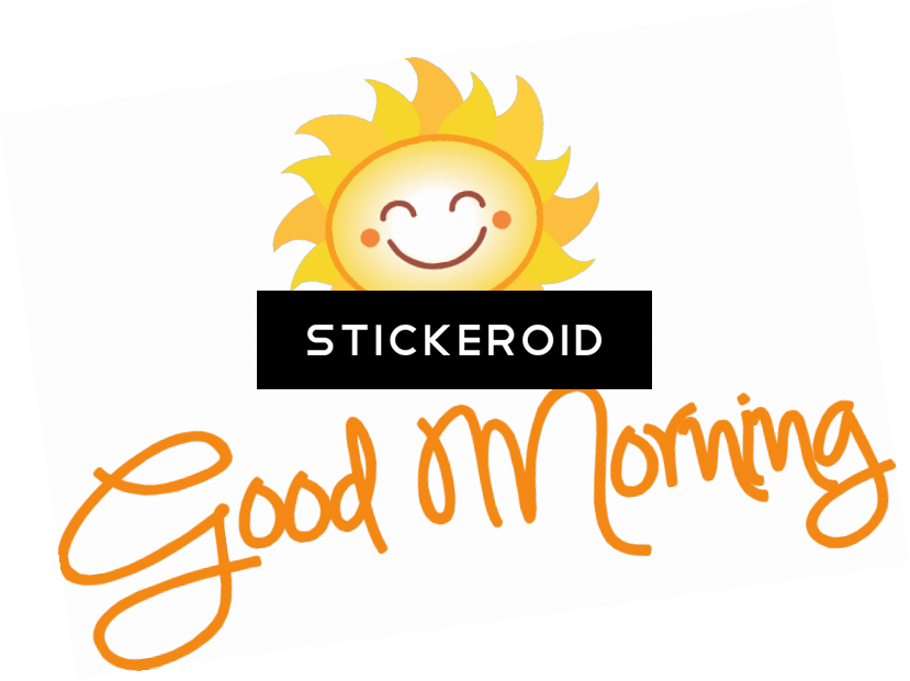 Morning Sunrise 桌布 壁紙 — 一個快樂的卡通太陽，帶著笑臉，位於灰色背景上的「STICKEROID」一詞和草書「Good Morning」文字之上。