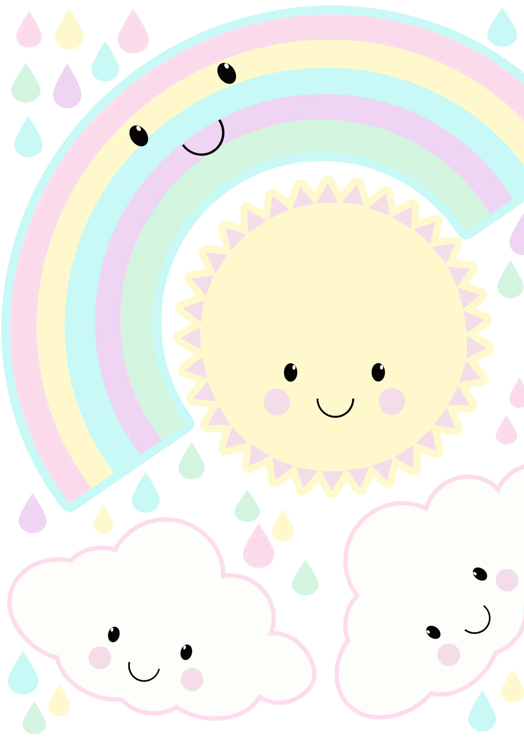 Kawaii Rainbow 桌布 壁紙 — 一個快樂的卡通太陽和彩虹，帶有微笑的臉孔和柔和的雨滴落在蓬鬆的雲朵周圍。