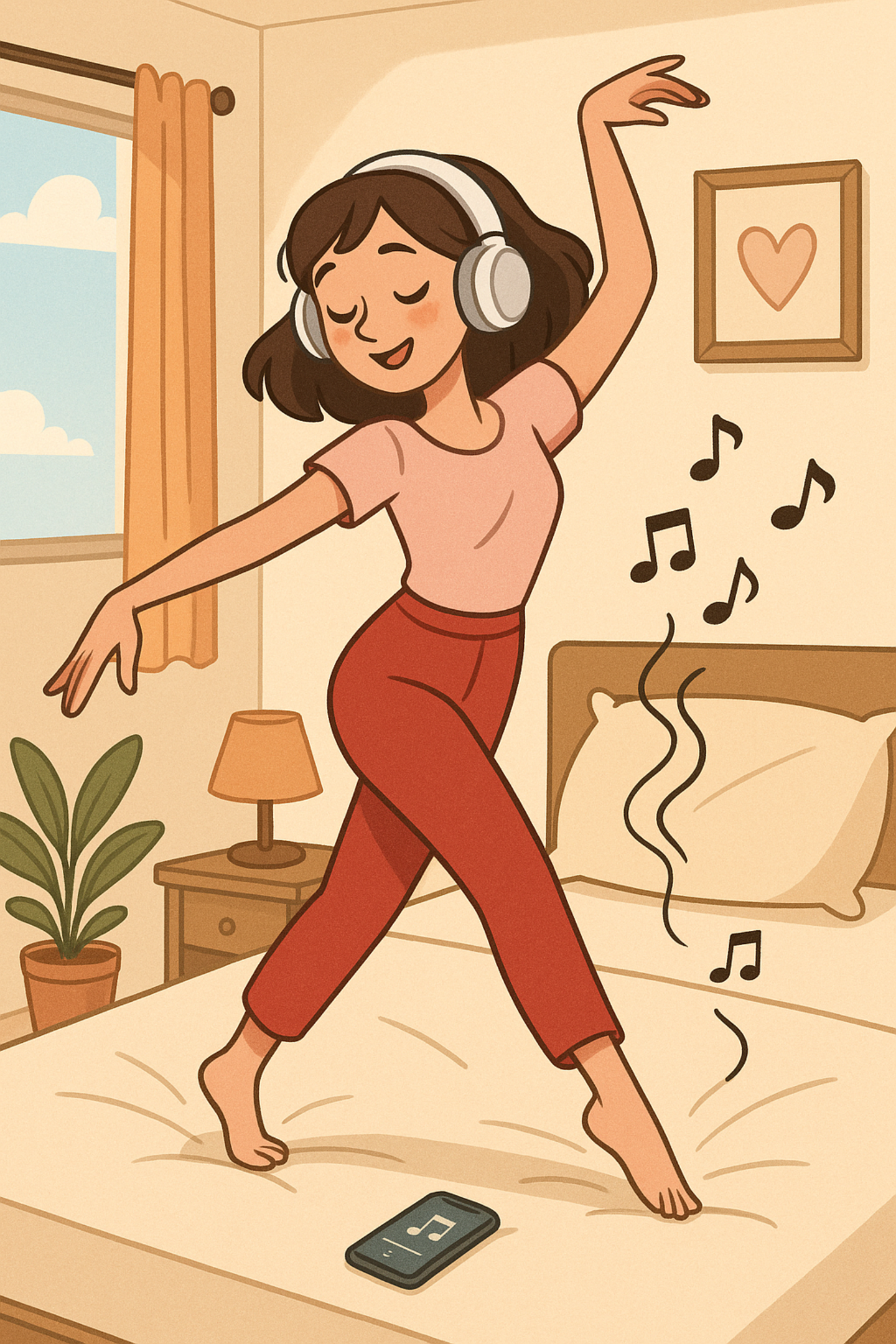 Headphones 桌布 壁紙 — 一個快樂的卡通女人戴著耳機，赤腳在床上跳舞，周圍漂浮著音符。