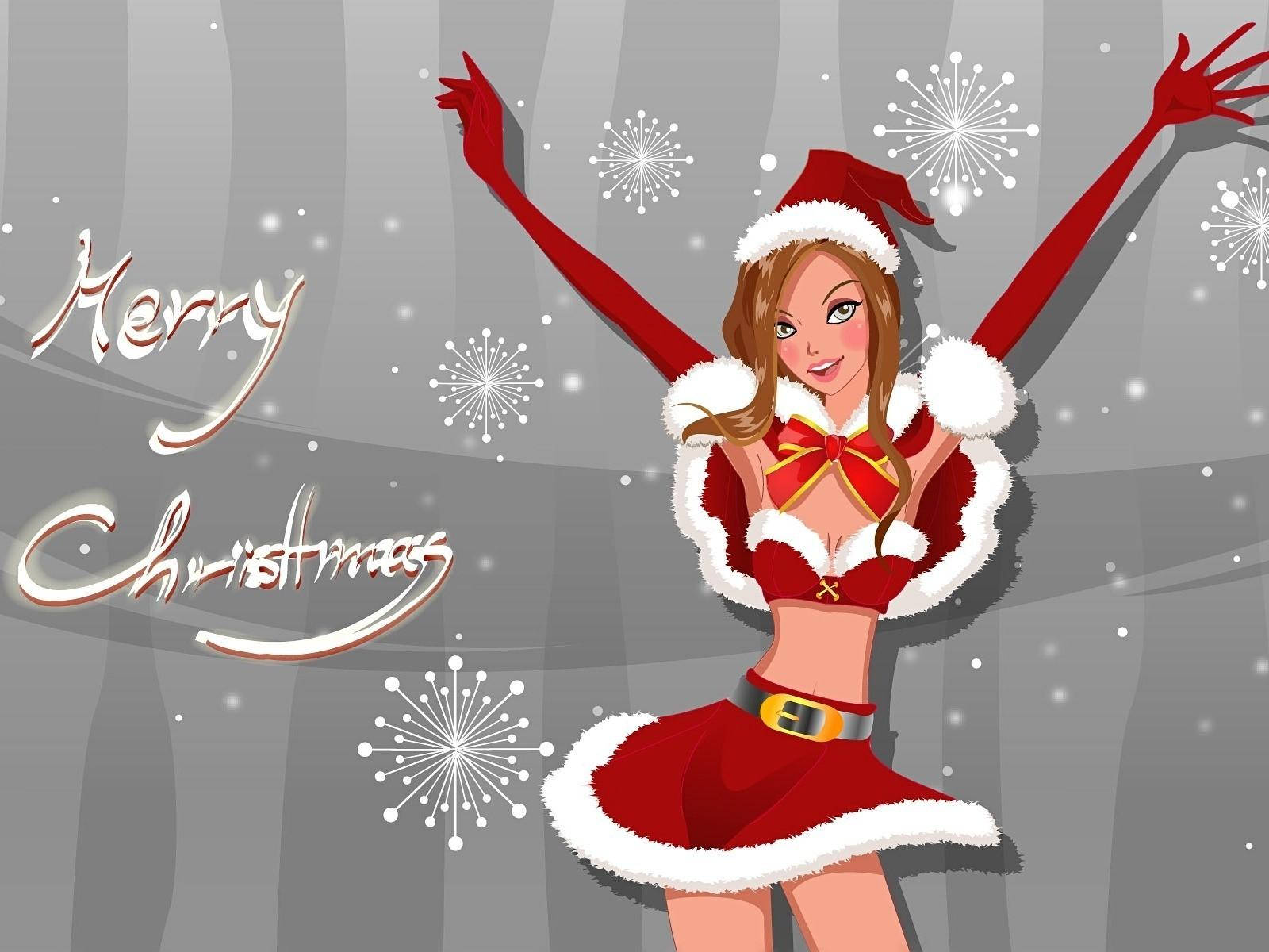 christmas laptop 桌布 壁紙 — 一個快樂的卡通女人穿著紅白聖誕老人服裝，在雪灰色背景上舉起手臂跳舞，並帶有'Merry Christmas'文字。