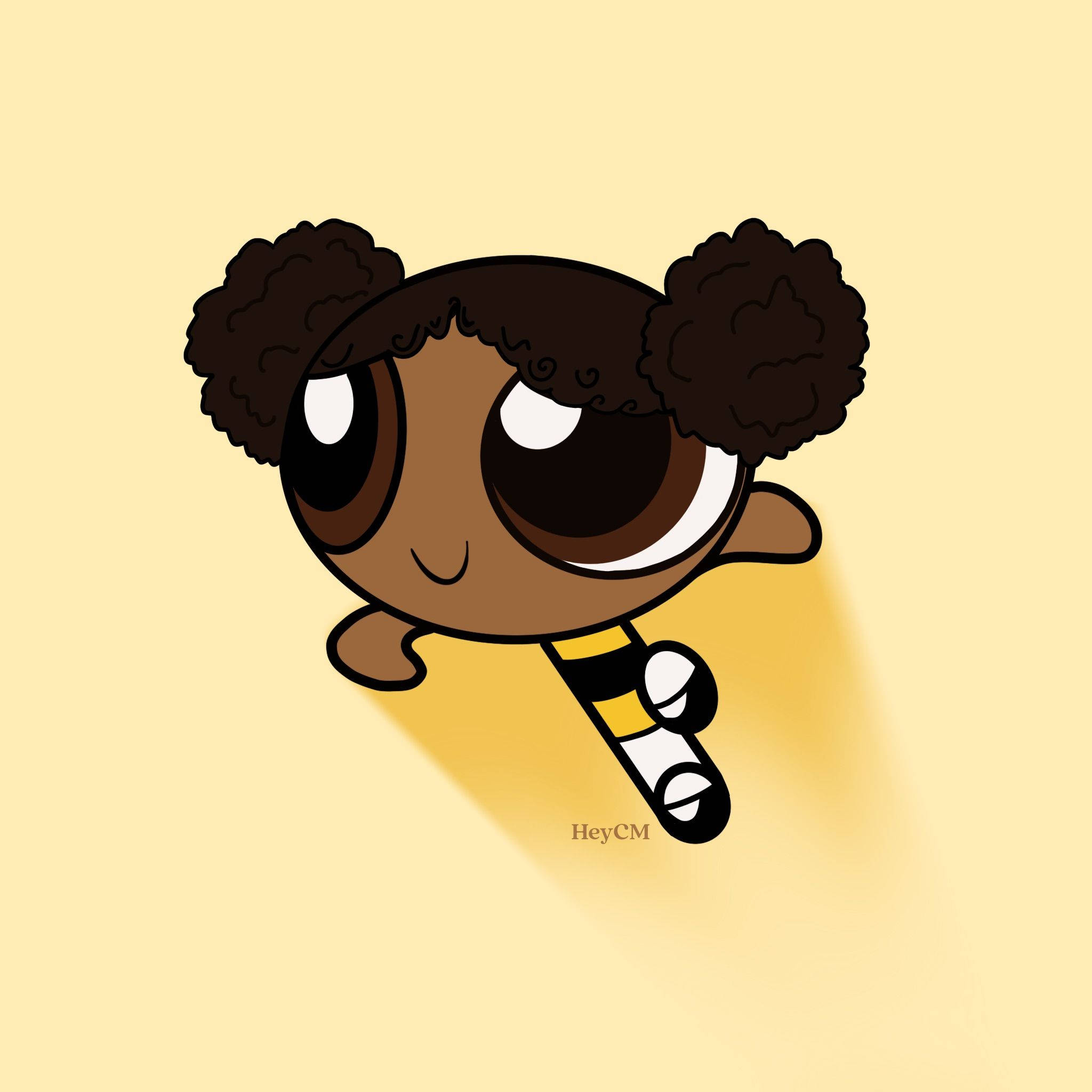 Powerpuff Girls 桌布 壁紙 — 一個快樂的卡通女孩，有大眼睛和非洲式蓬鬆頭髮，在柔和的黃色背景上飛翔。