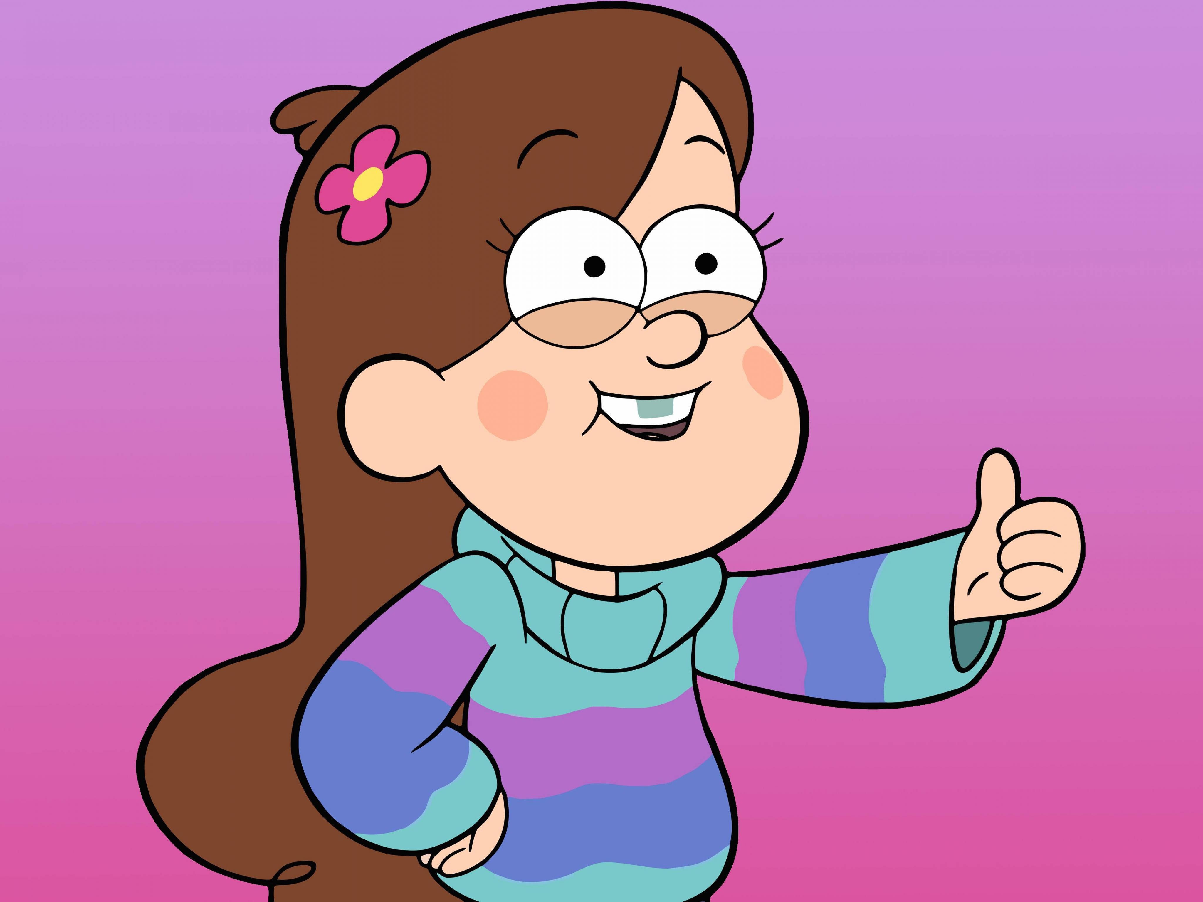 Mabel 桌布 壁紙 — 一個快樂的卡通女孩，棕色頭髮，戴著粉紅色花朵，在紫色漸變背景前豎起大拇指。