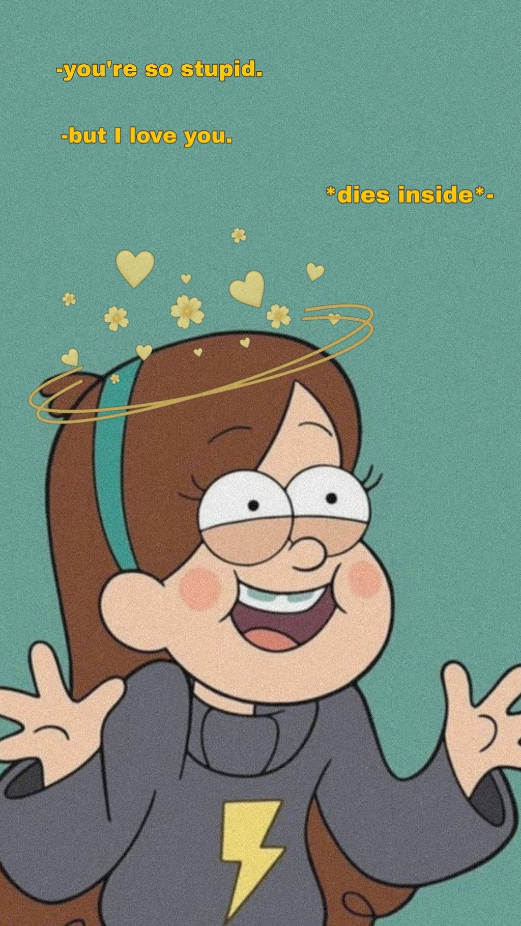 Mabel 桌布 壁紙 — 一個快樂的卡通女孩，棕色頭髮，穿著閃電T恤，當心形和花朵在她頭頂旋轉時，她洋溢著喜悅。