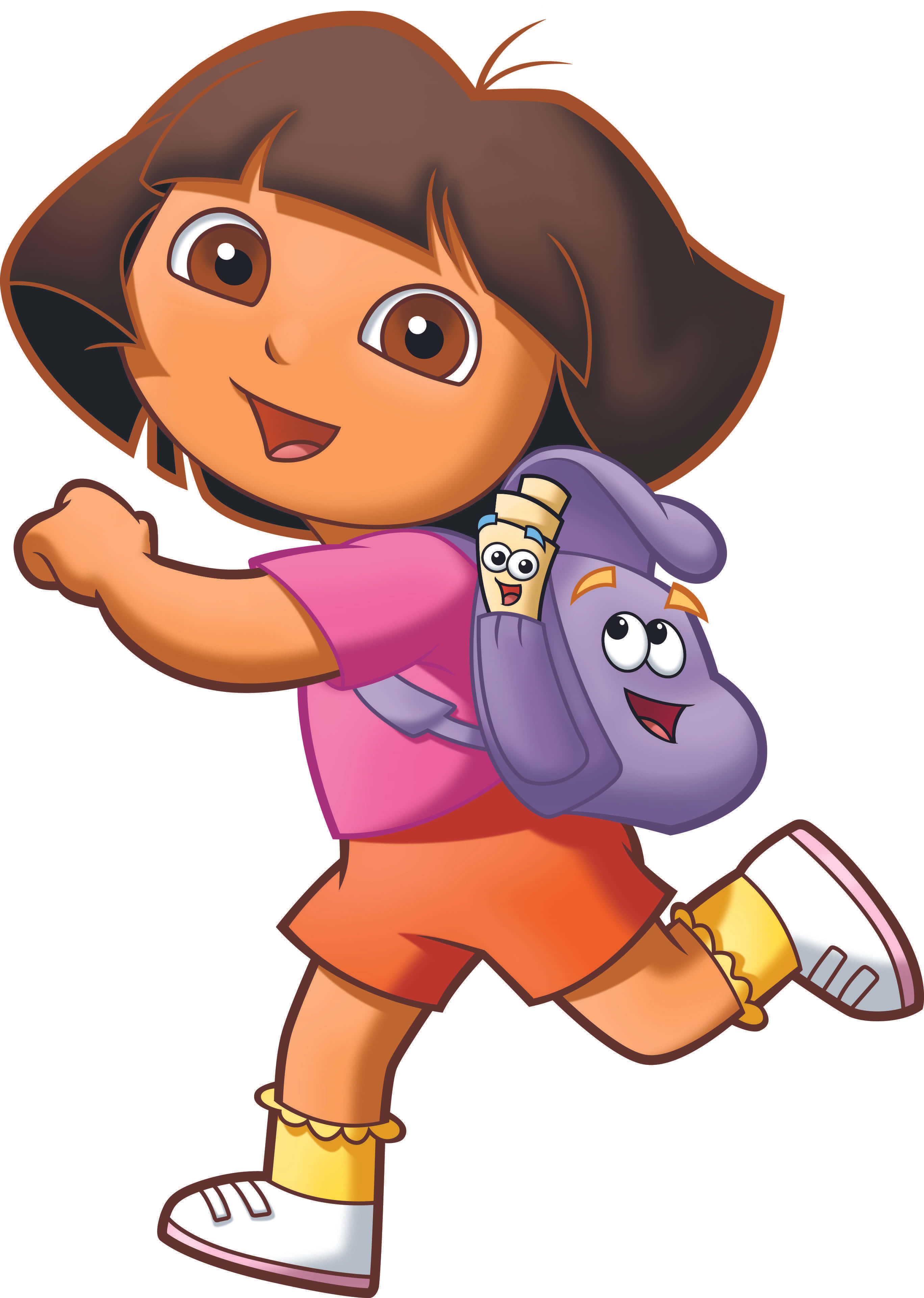 Funny Dora 桌布 壁紙 — 一個快樂的卡通女孩，棕色頭髮，穿著粉紅色襯衫和橙色短褲，背著一個有臉的紫色微笑背包奔跑。